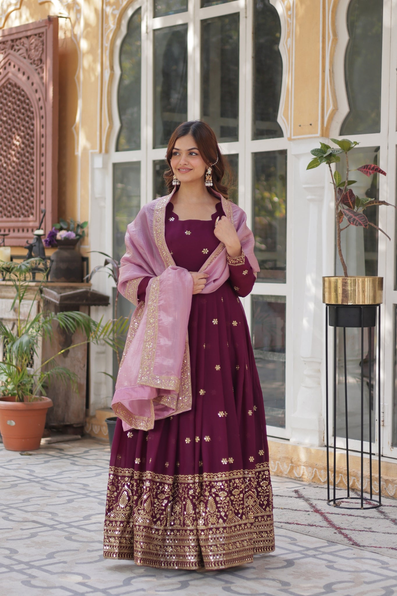 Plum Embroidered Georgette Anarkali Set