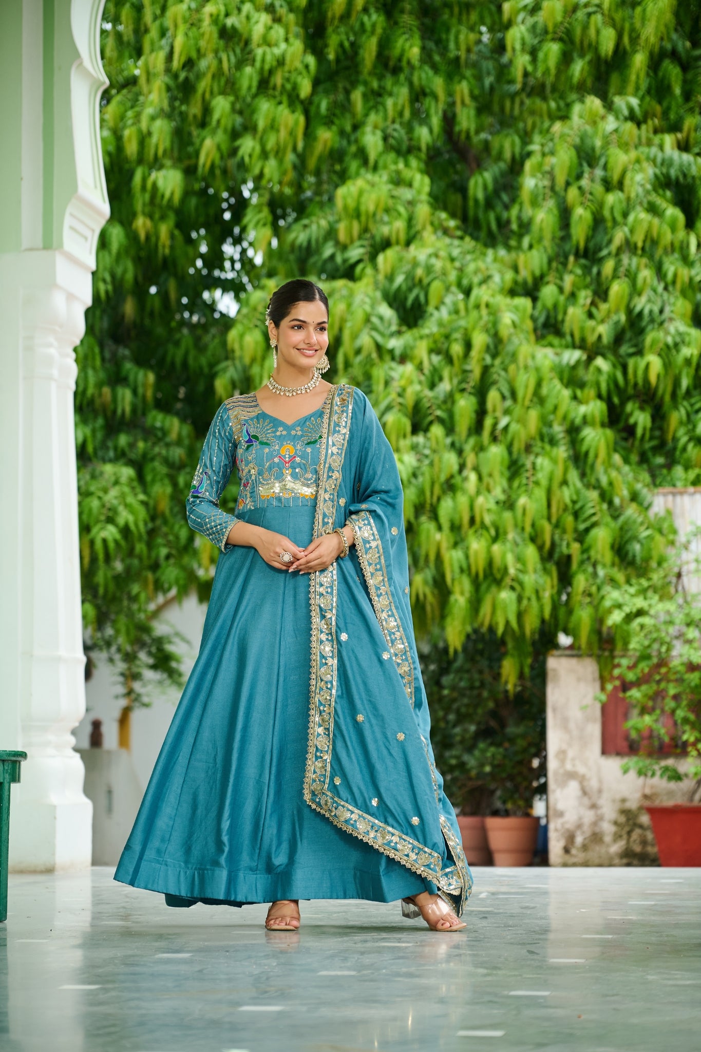 Premium Vichitra Silk Embroidered Gown With Sequins And Zari Work
