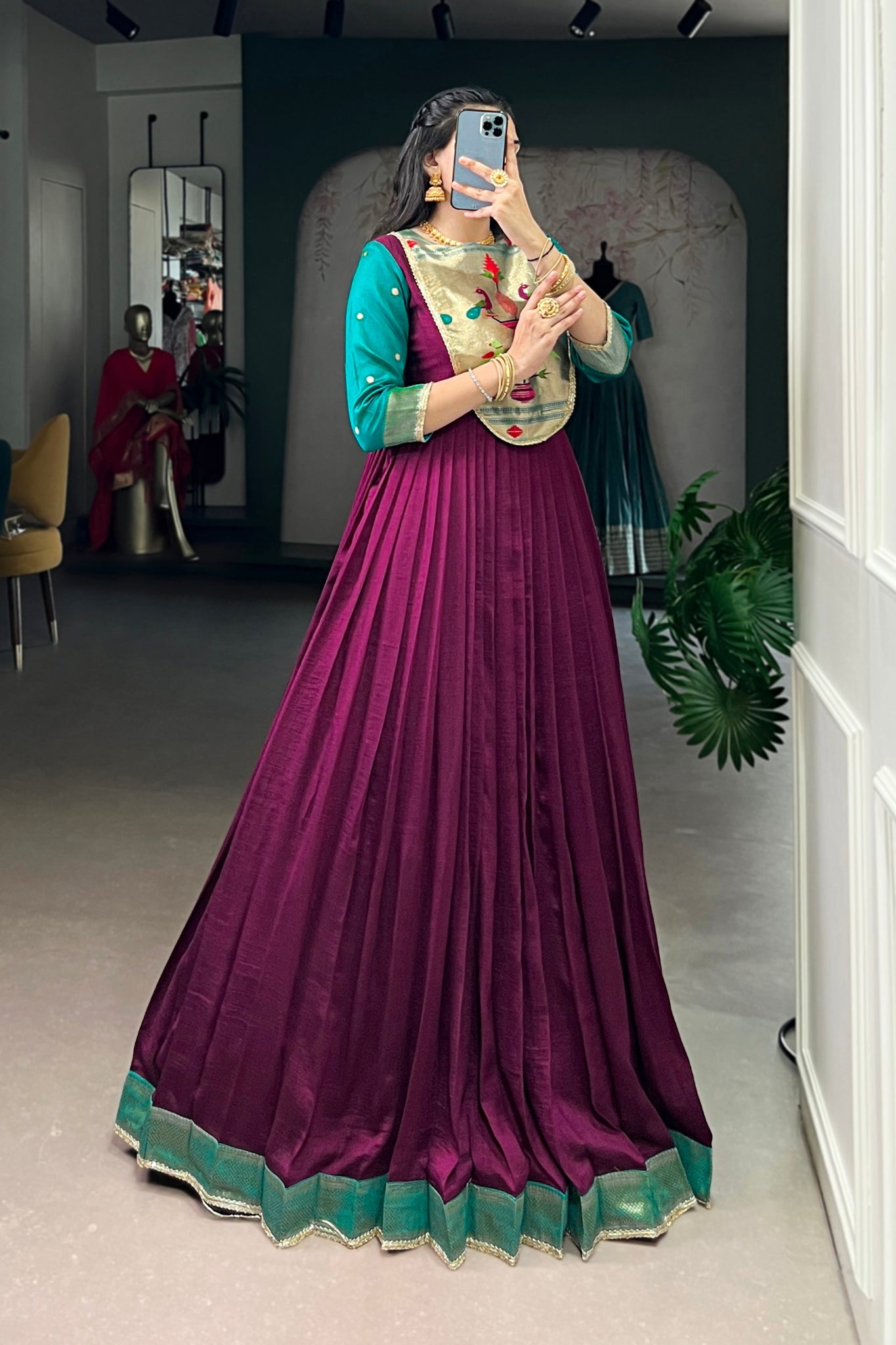 Wine Vichitra Silk Zari Woven Flared Dress With Lace Detailing