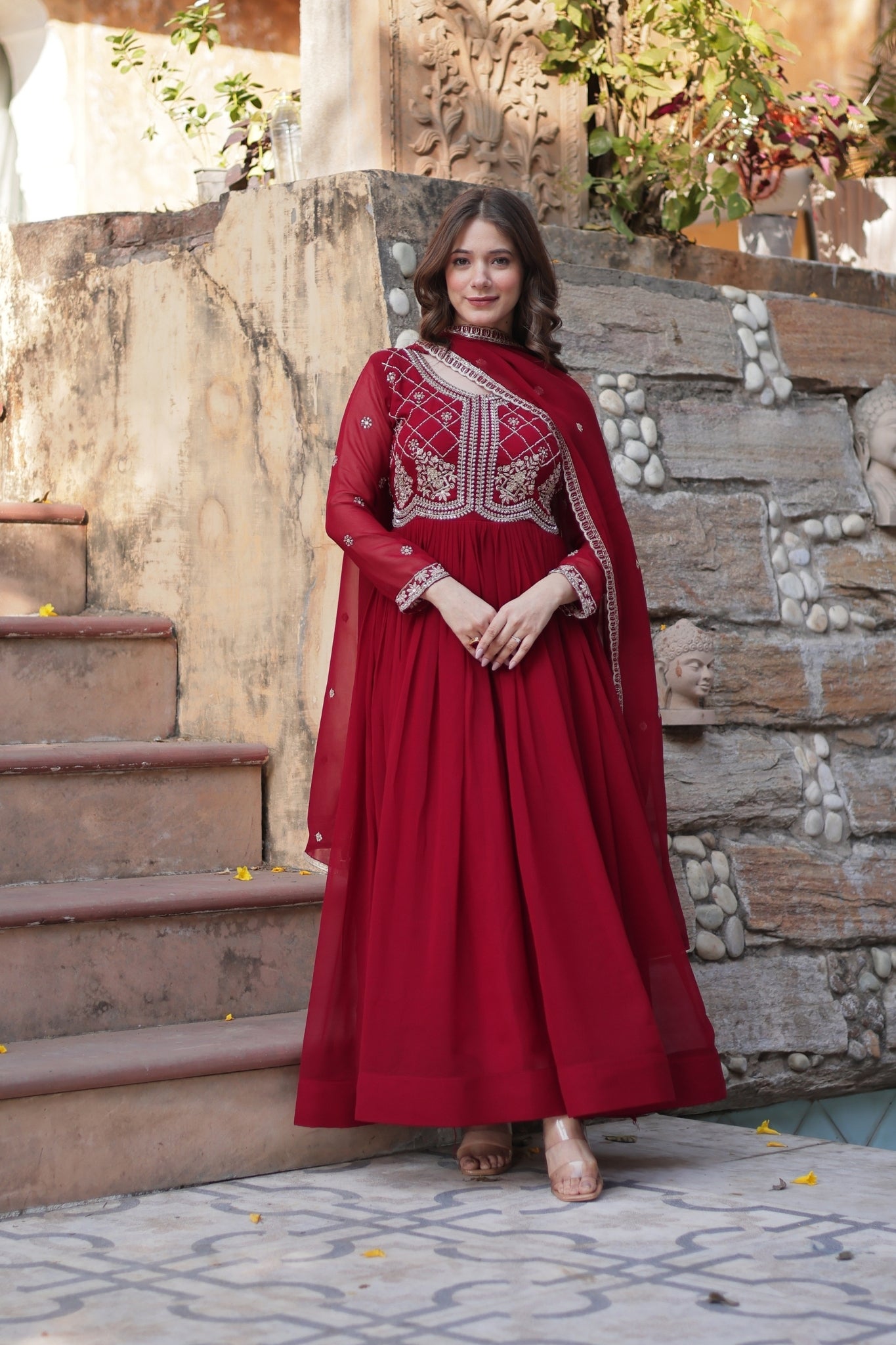 Designer Beads Embroidered Work Beautiful Wedding Gown With Dupatta Set