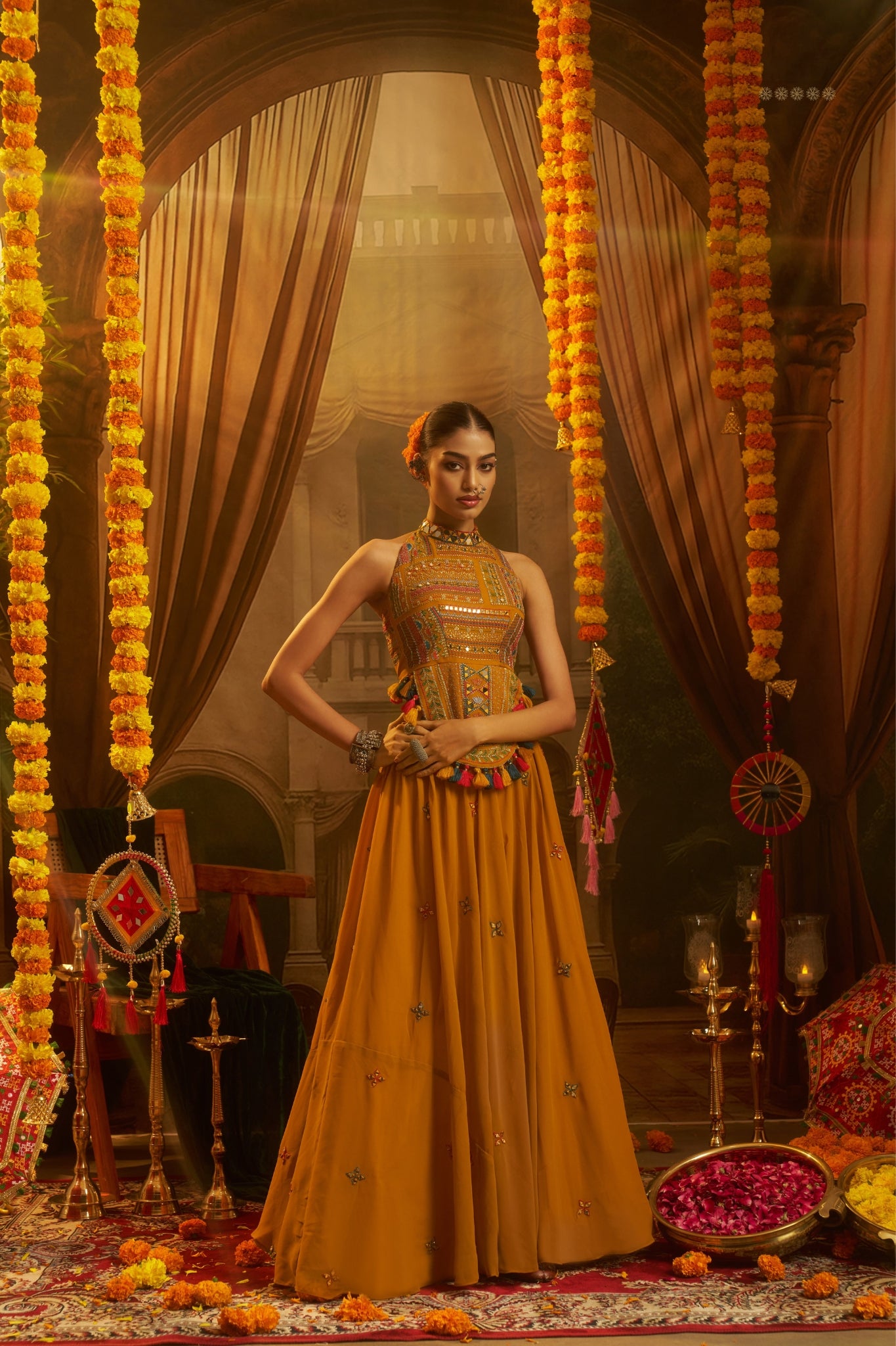 Raasrang Mustard Yellow Georgette Designer Lehenga Choli With Mirror Work Halter Blouse