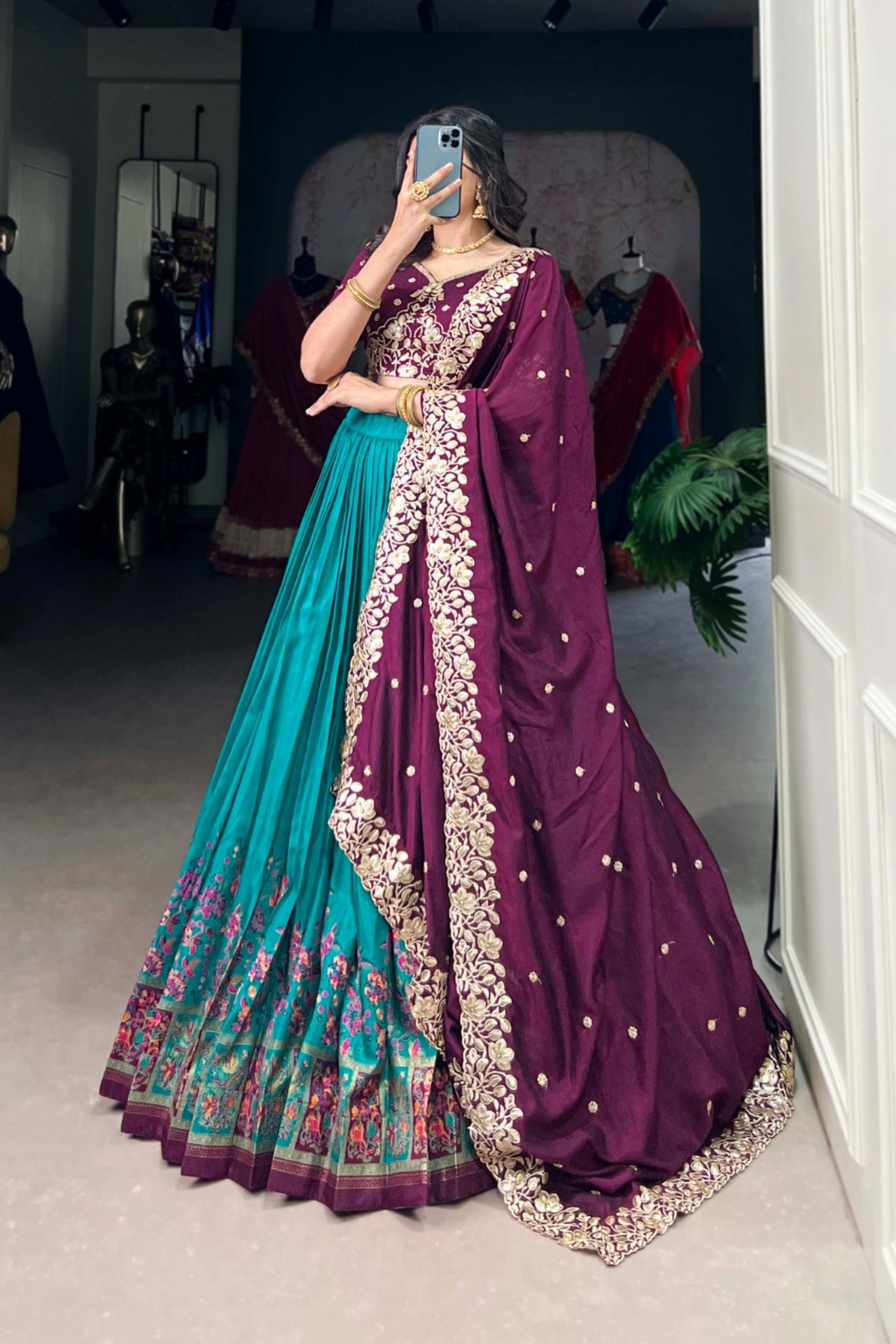 Designer Tussar Silk Printed Lehenga Set With Embroidered Blouse And Dupatta