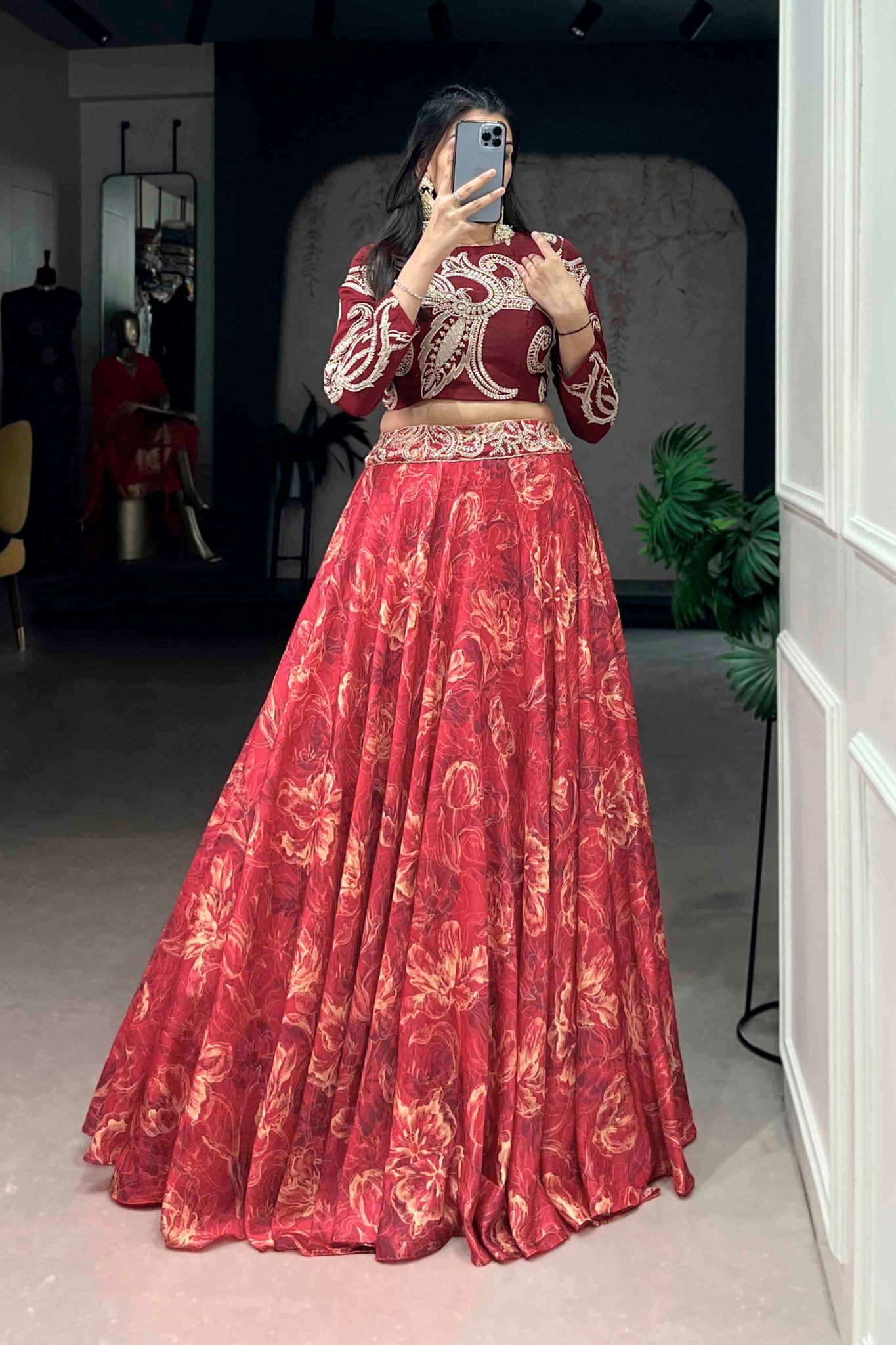 Floral Printed Tasar Silk Lehenga Choli