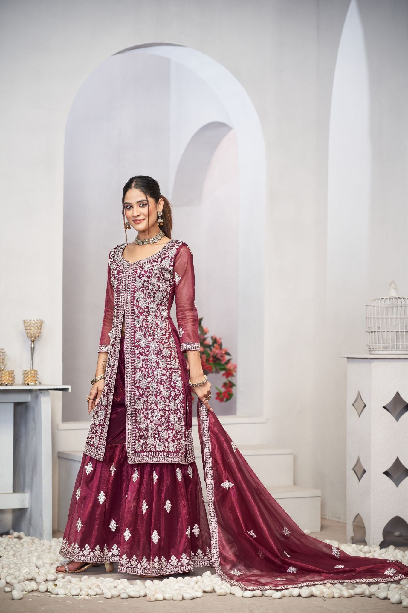 Purple Sequins Embroidered With Real Mirror Work Sharara Set Of 3