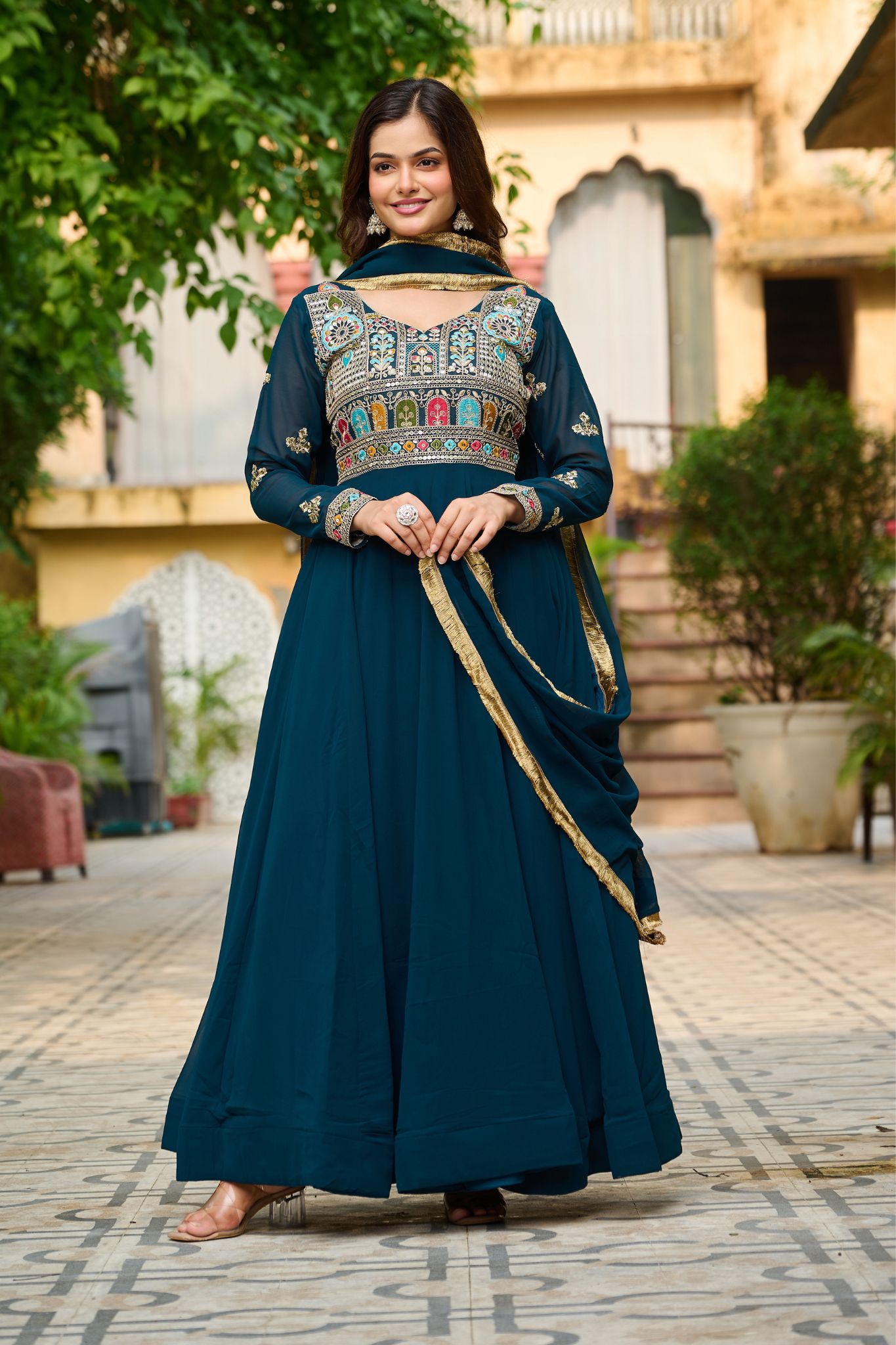 Ethnic Stylish Crafted Multi Thread Embroidered Work Gown With Dupatta Set