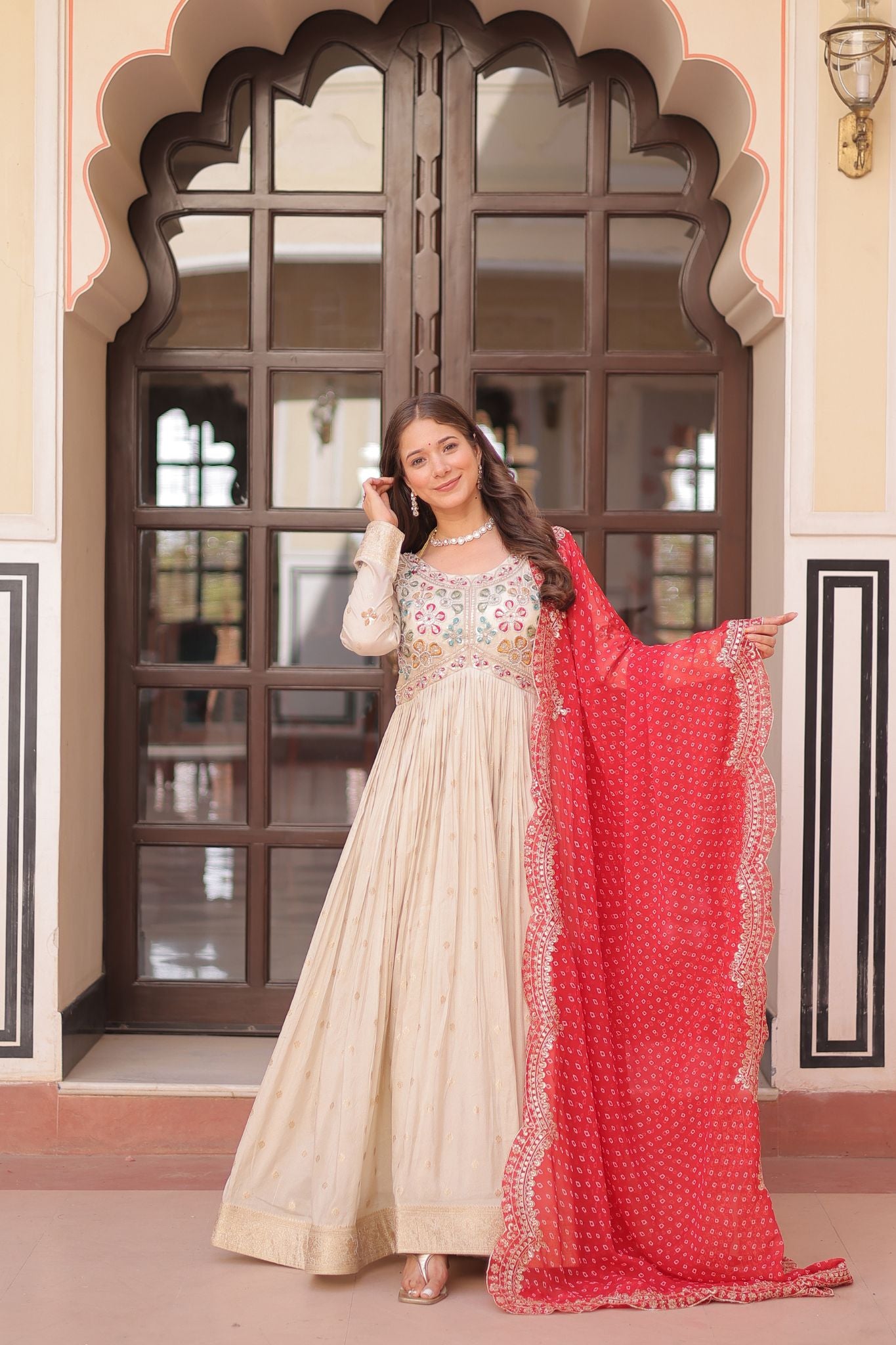 Cosmos Weaving Jacquard Crafted Pearl beads Embroidered Work Gown With Dupatta
