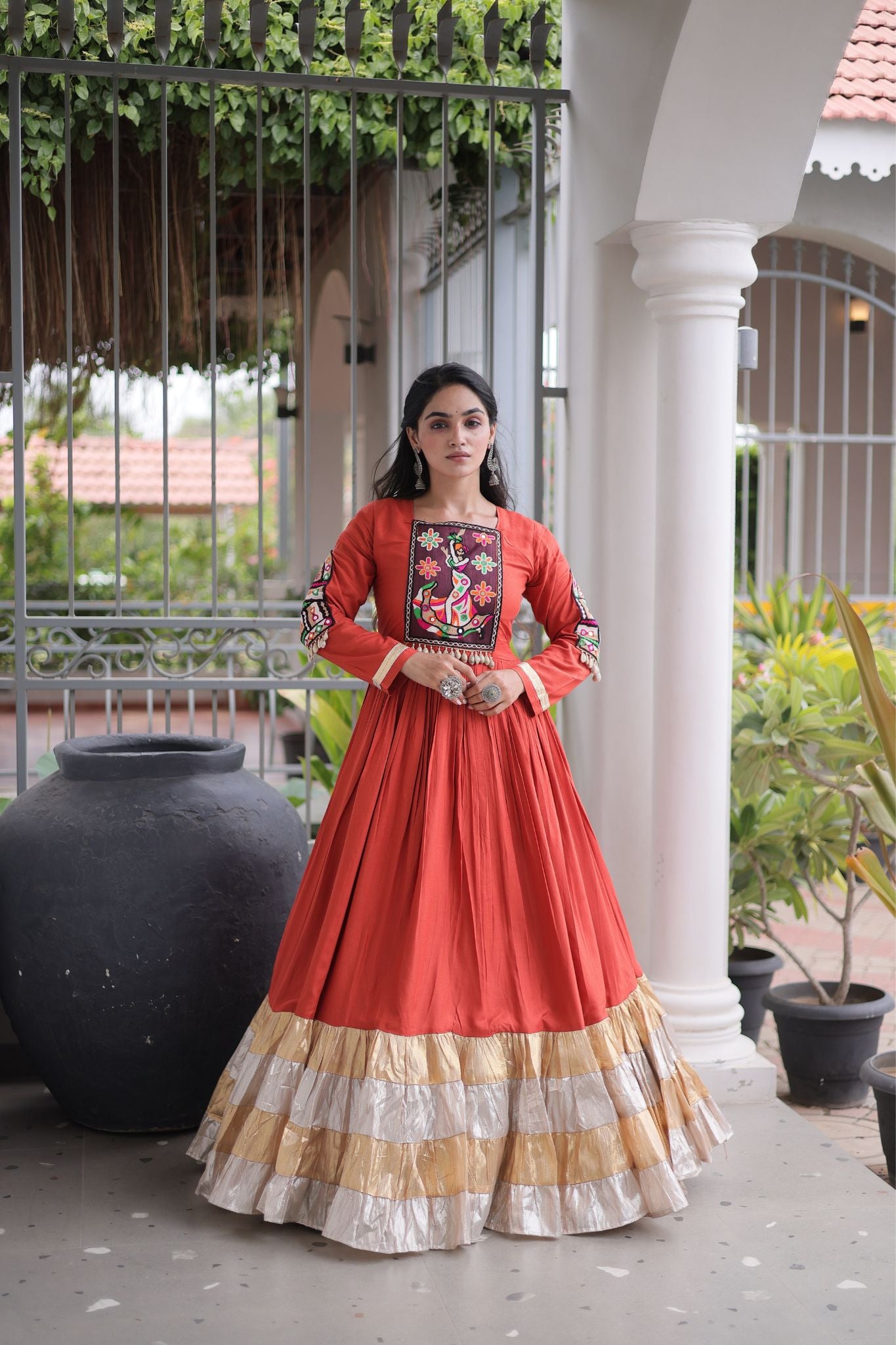 Raasrang Navratri Special Designer Rayon Gown With Kutchi Gamthi Thread Work