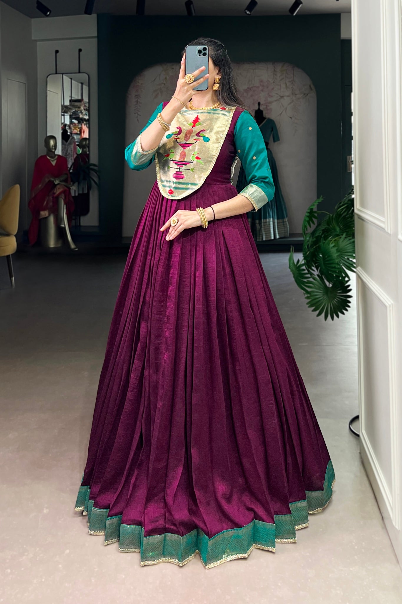 Wine Vichitra Silk Zari Woven Flared Dress With Lace Detailing