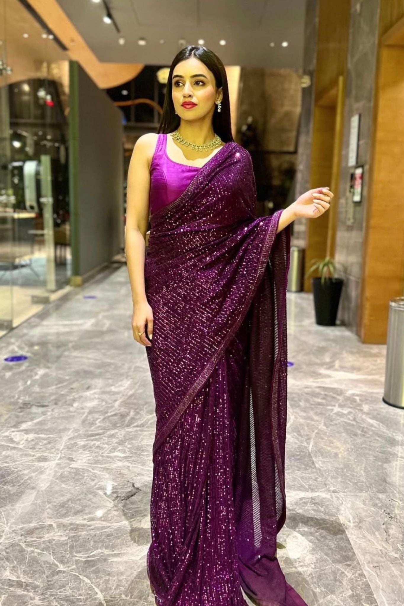 Purple Georgette Saree with Sequence Work
