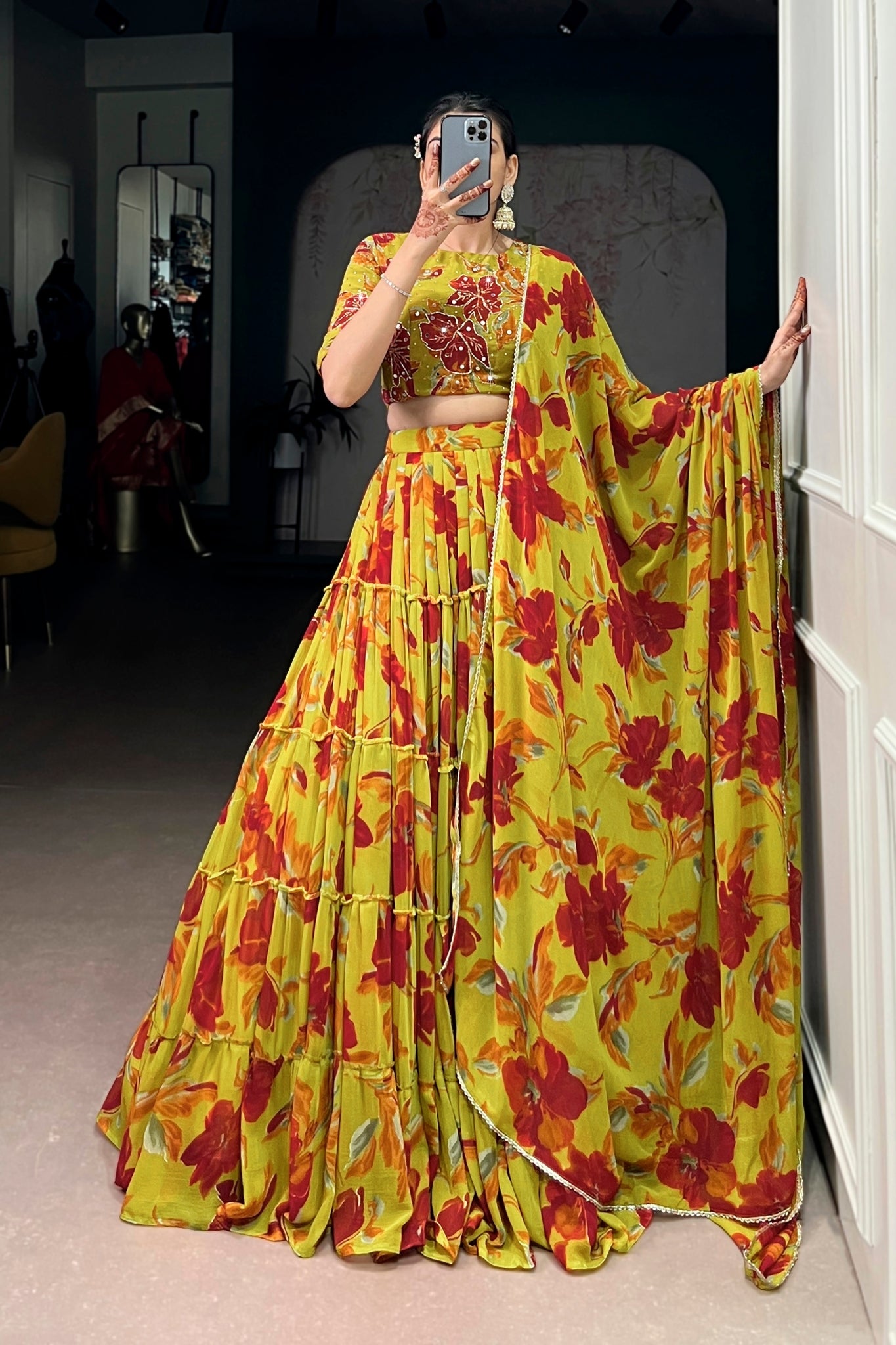Floral Marble Print Lehenga Choli Set For Women