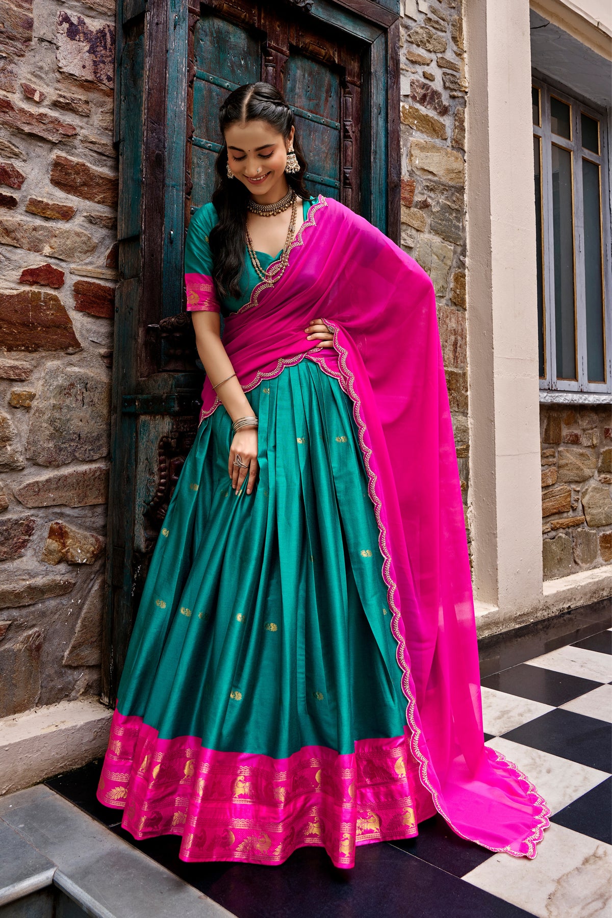 Buy South Indian Cotton Silk Lehenga Choli With Zari Woven Border