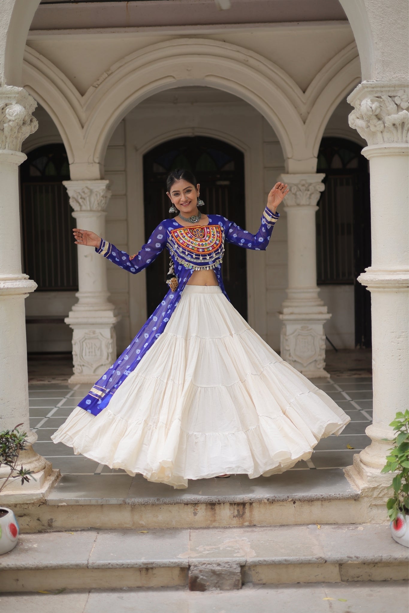 Kora Cotton Stylish Frill Stitching Beautiful Navratri Lehenga With Bandhani Printed Kurti