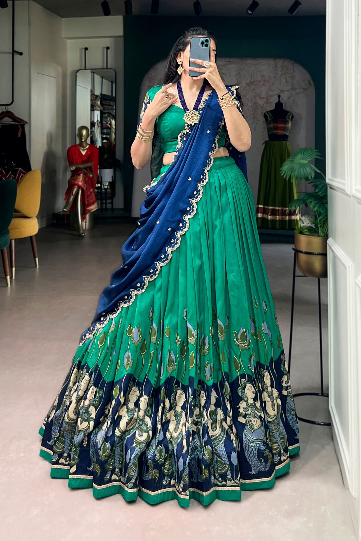 Designer Tasar Silk Kalamkari Print Wedding And Festive Lehenga Choli