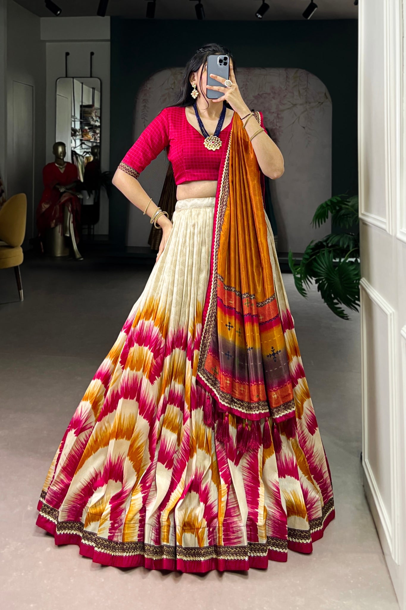 Tasar Silk Tie Dye Lehenga Set With Printed Dupatta And Chex Blouse