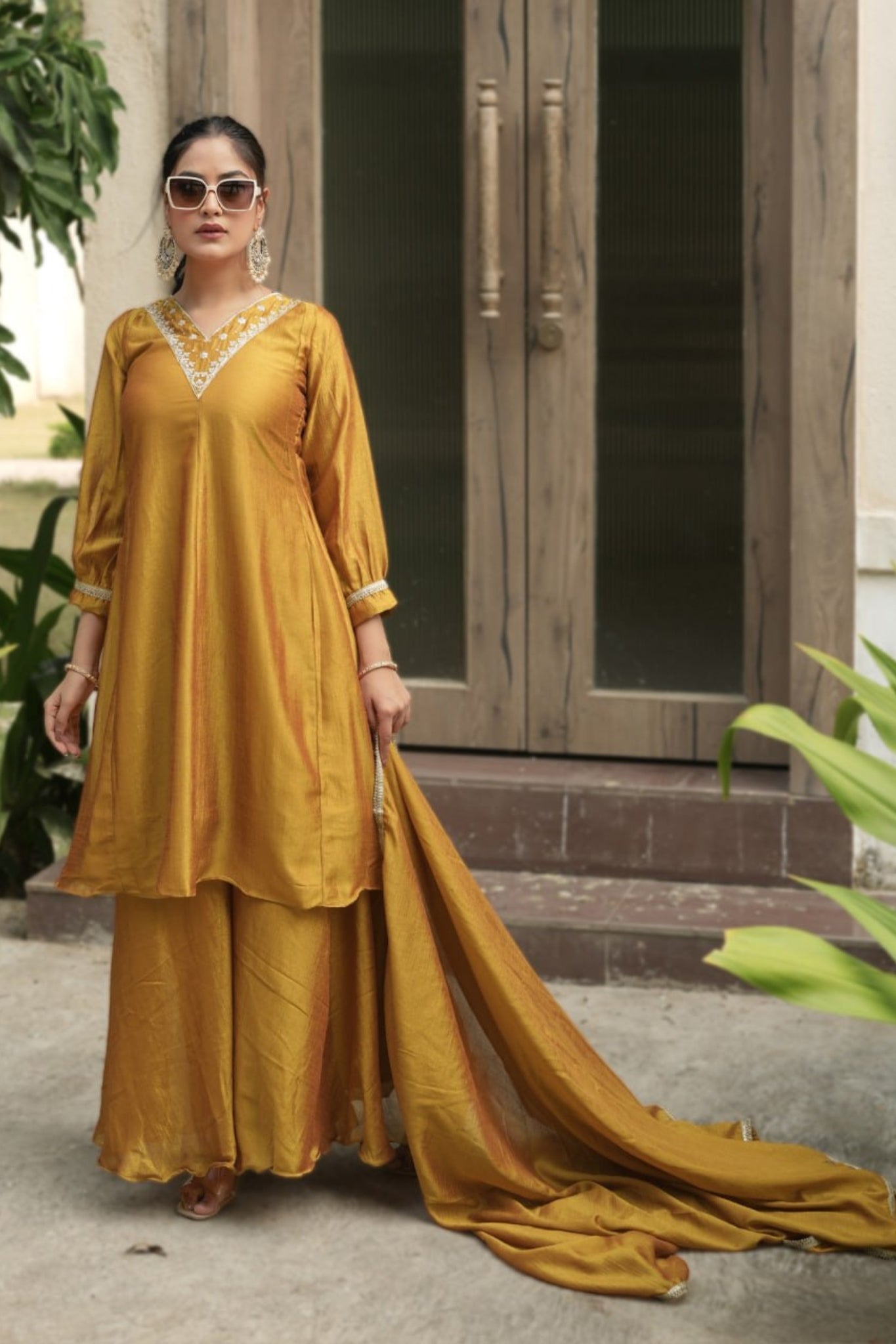 Royal V-Neck Embroidered Palazzo Suit Set With Designer Dupatta For Festive And Wedding Wear