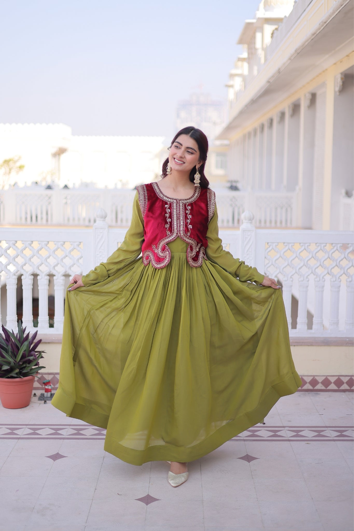 Mal Chanderi Anarkali Gown With Velvet Koti For Women