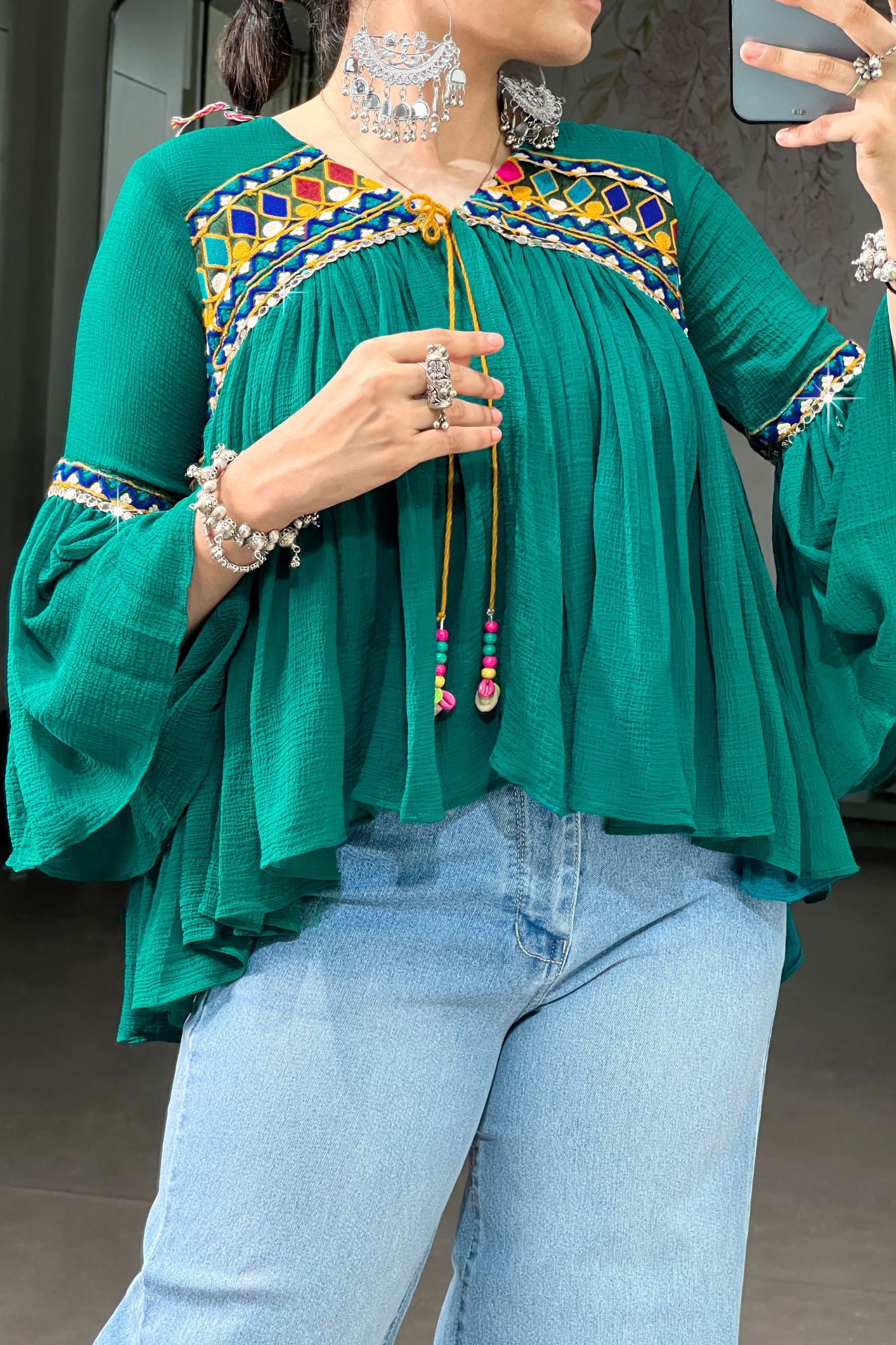 Raasrang Women's Emerald Green Navratri Designer Garba Glam Top