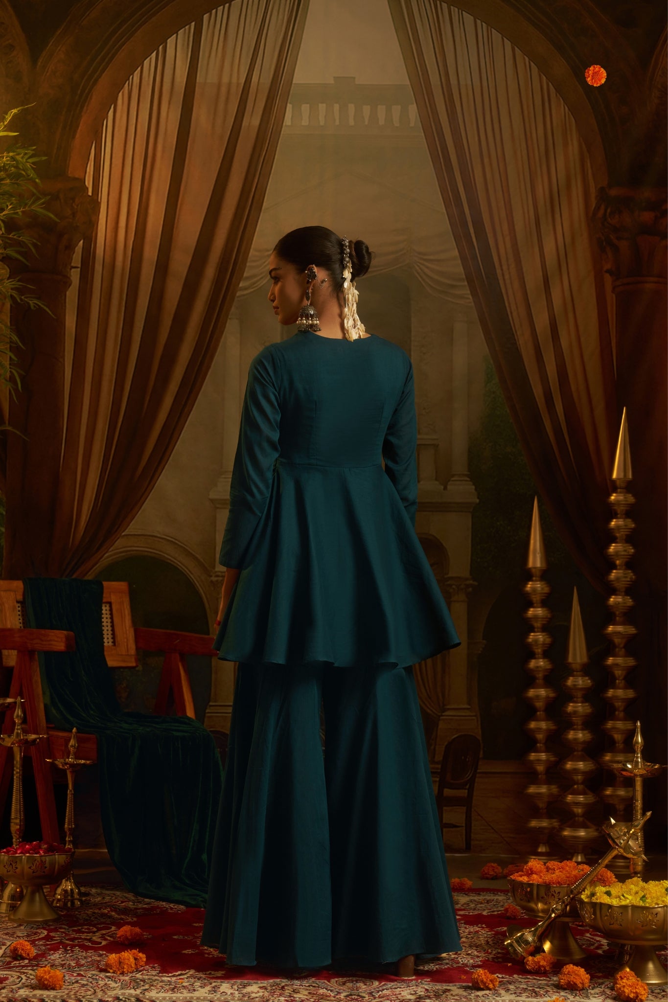 Teal Blue Hand Embroidered Peplum Sharara Set For Women