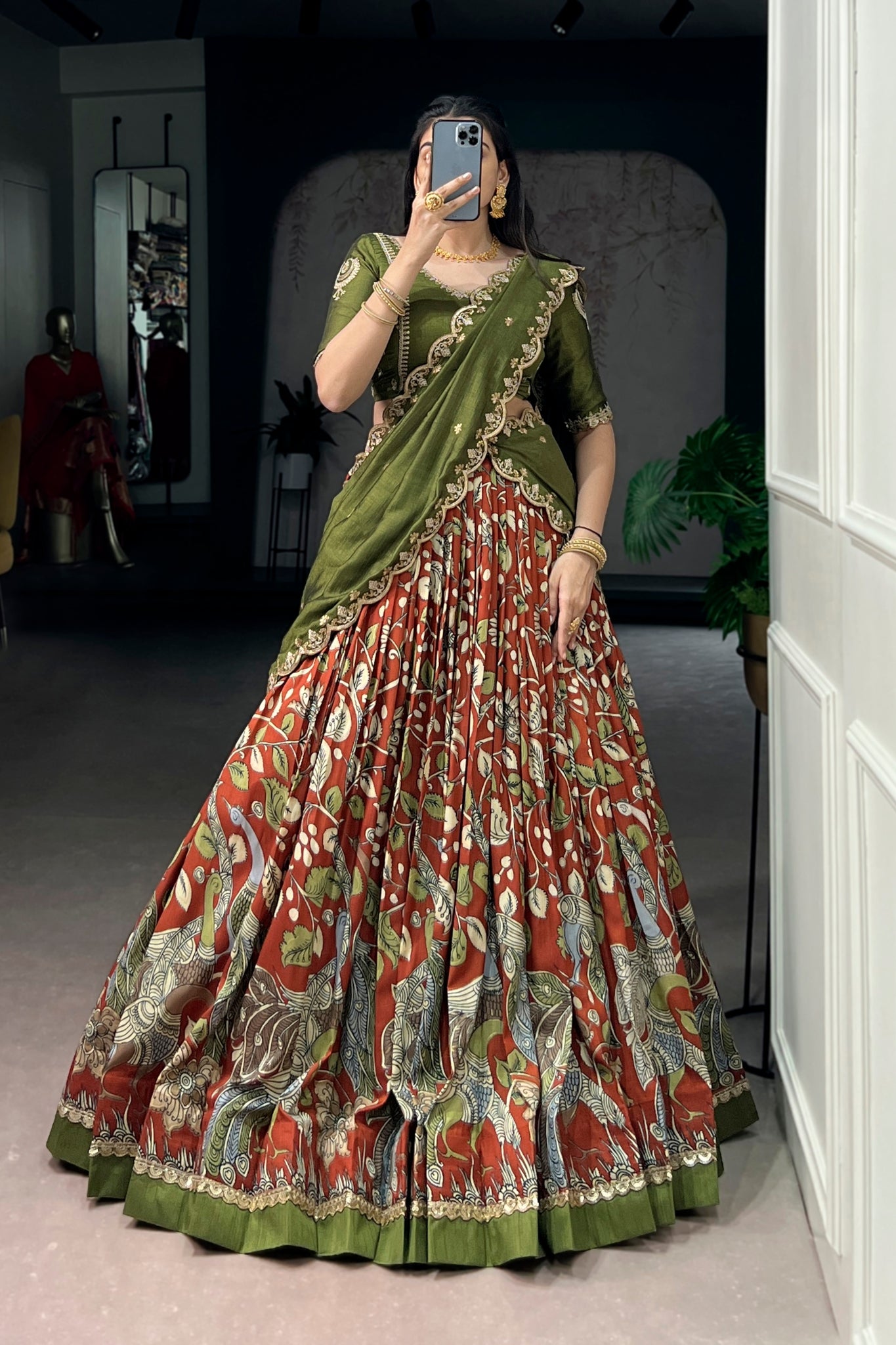 Premium Kalamkari Tasar Silk Lehenga Choli With Embroidered Dupatta