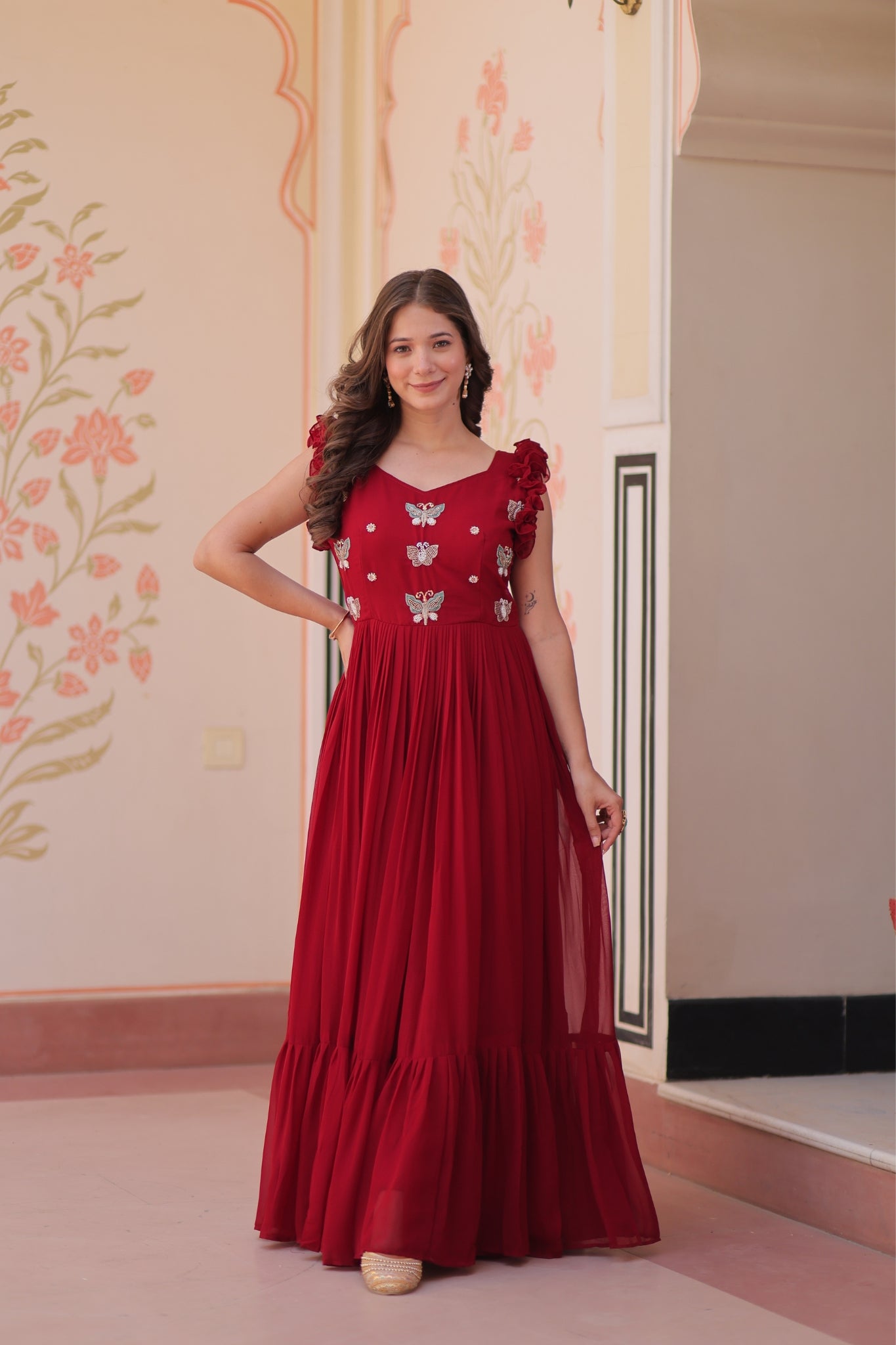 Stunning Sequins Multi Tread Beads Embroidered Work Women Gown