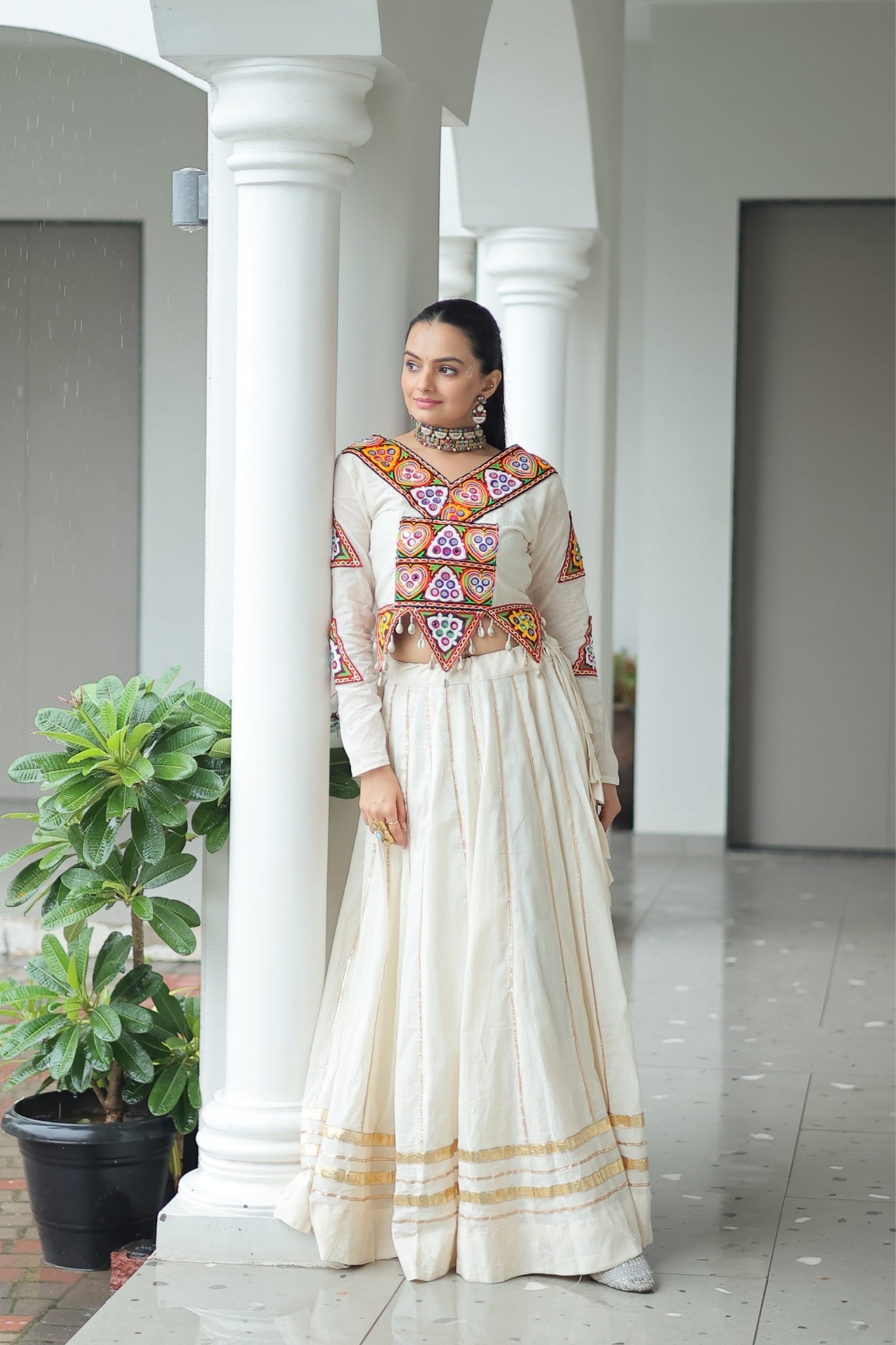 Off White Cotton Kutchi Gamthi Work With Gota Patti Lace Touch up Navratri Designer Lehenga choli