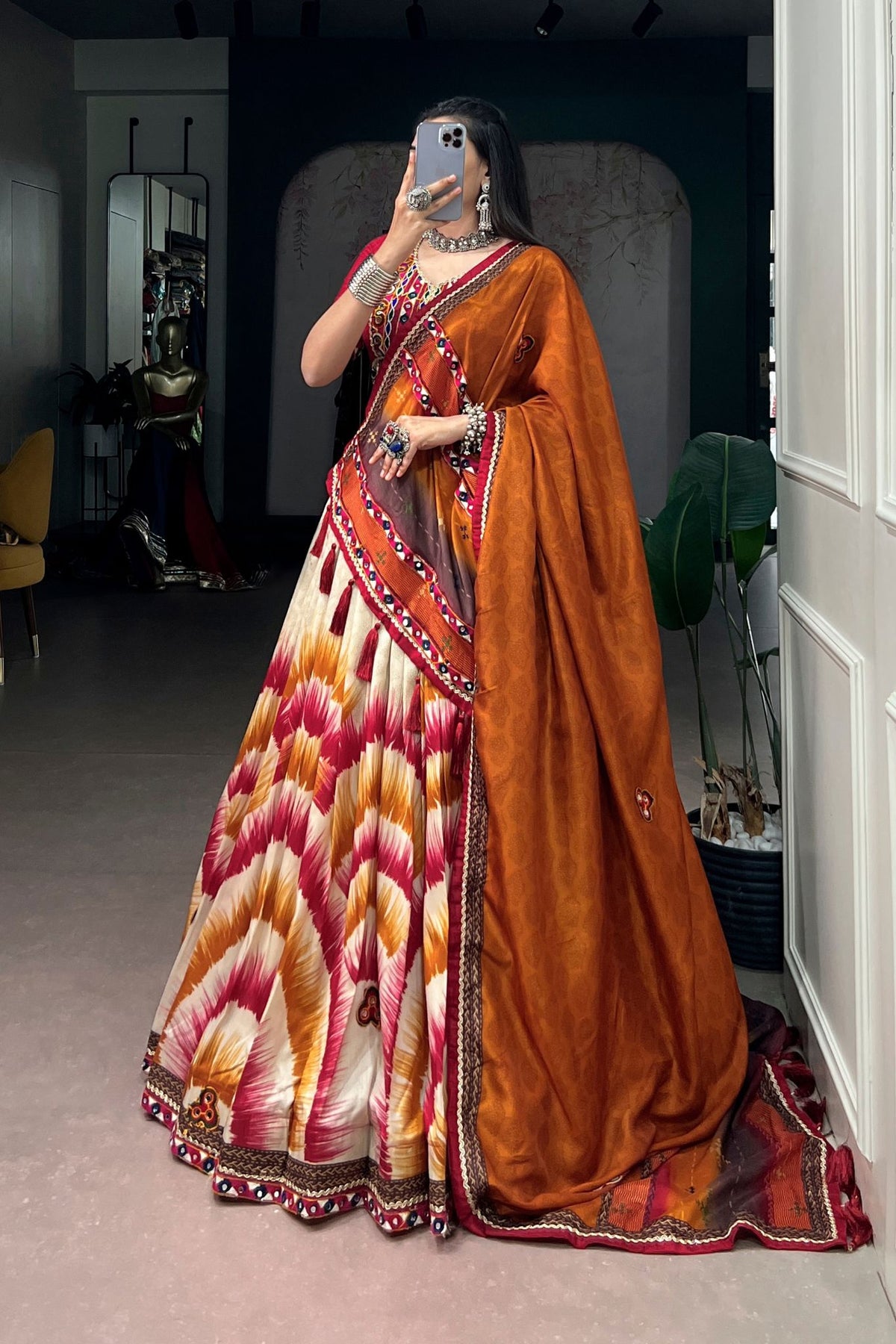Tasar Silk Tie & Dye With Gamthi Work Navratri Lehenga Choli