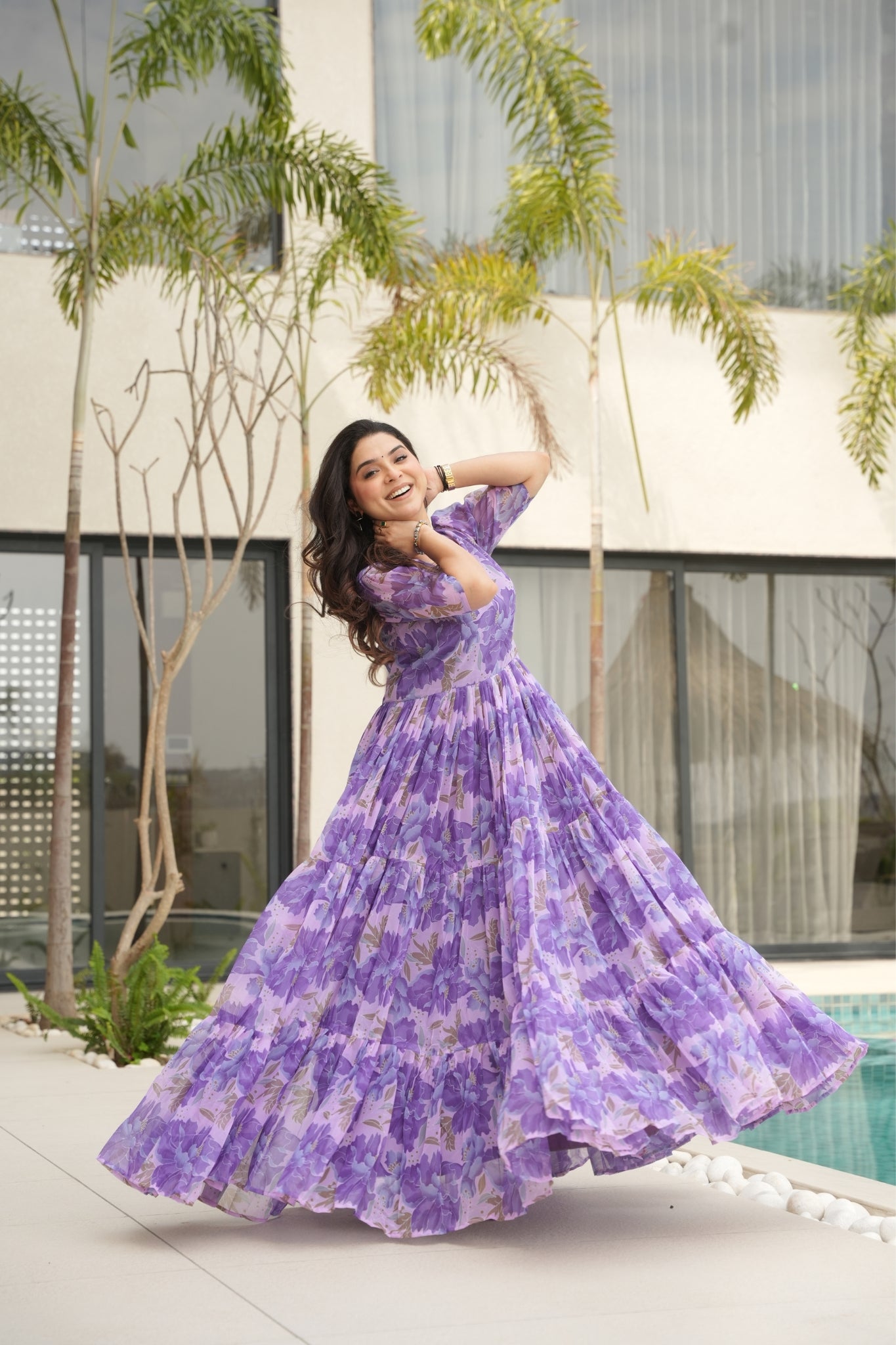 Floral Printed Georgette Women Tiered Gown