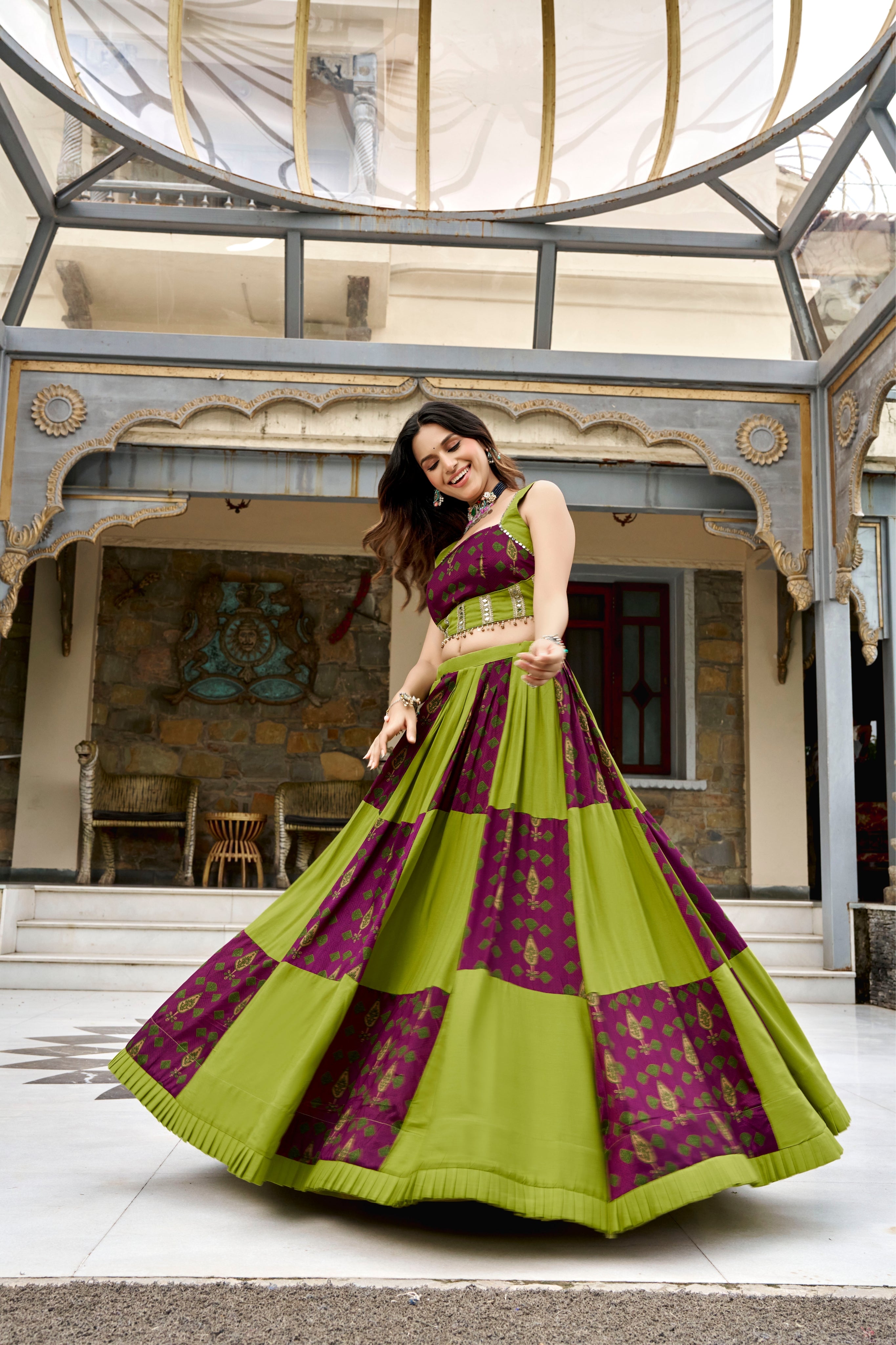 Designer Raasrang Special Green & Wine Pure Rayon Lehenga Choli With Gotta Patti Mirror Work