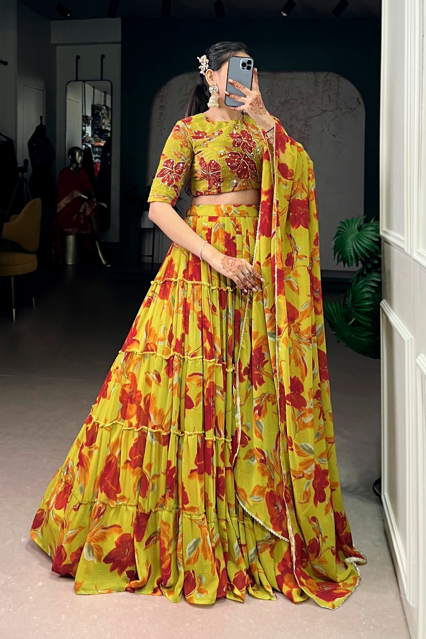 Floral Marble Print Lehenga Choli Set For Women