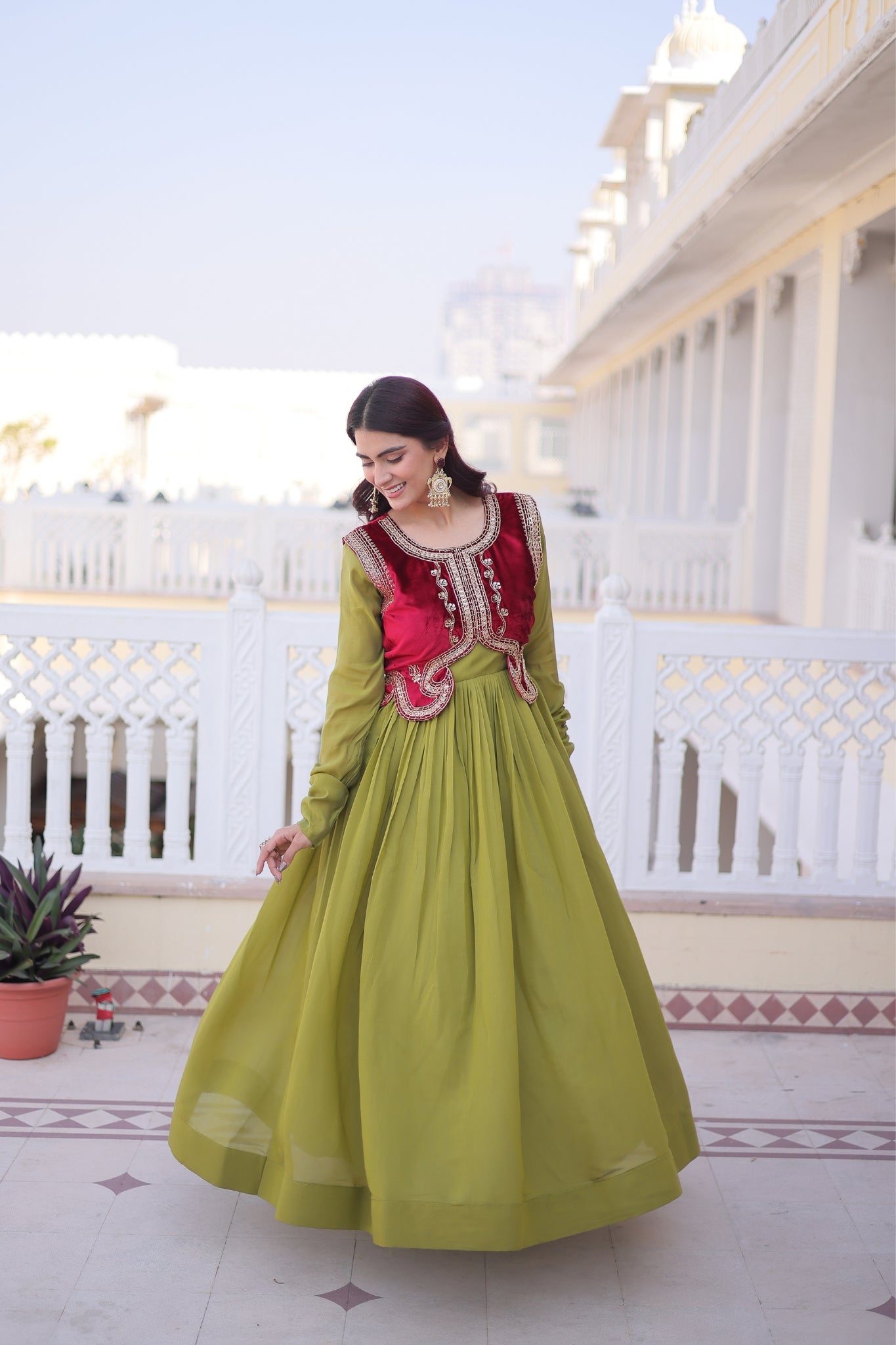 Mal Chanderi Anarkali Gown With Velvet Koti For Women