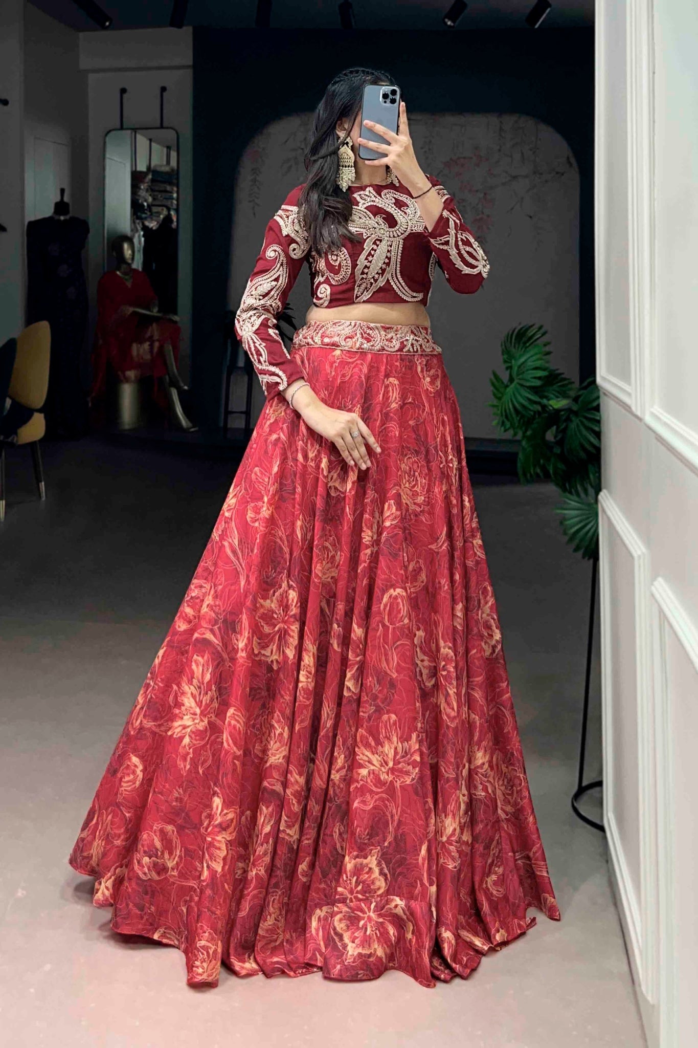 Floral Printed Tasar Silk Lehenga Choli