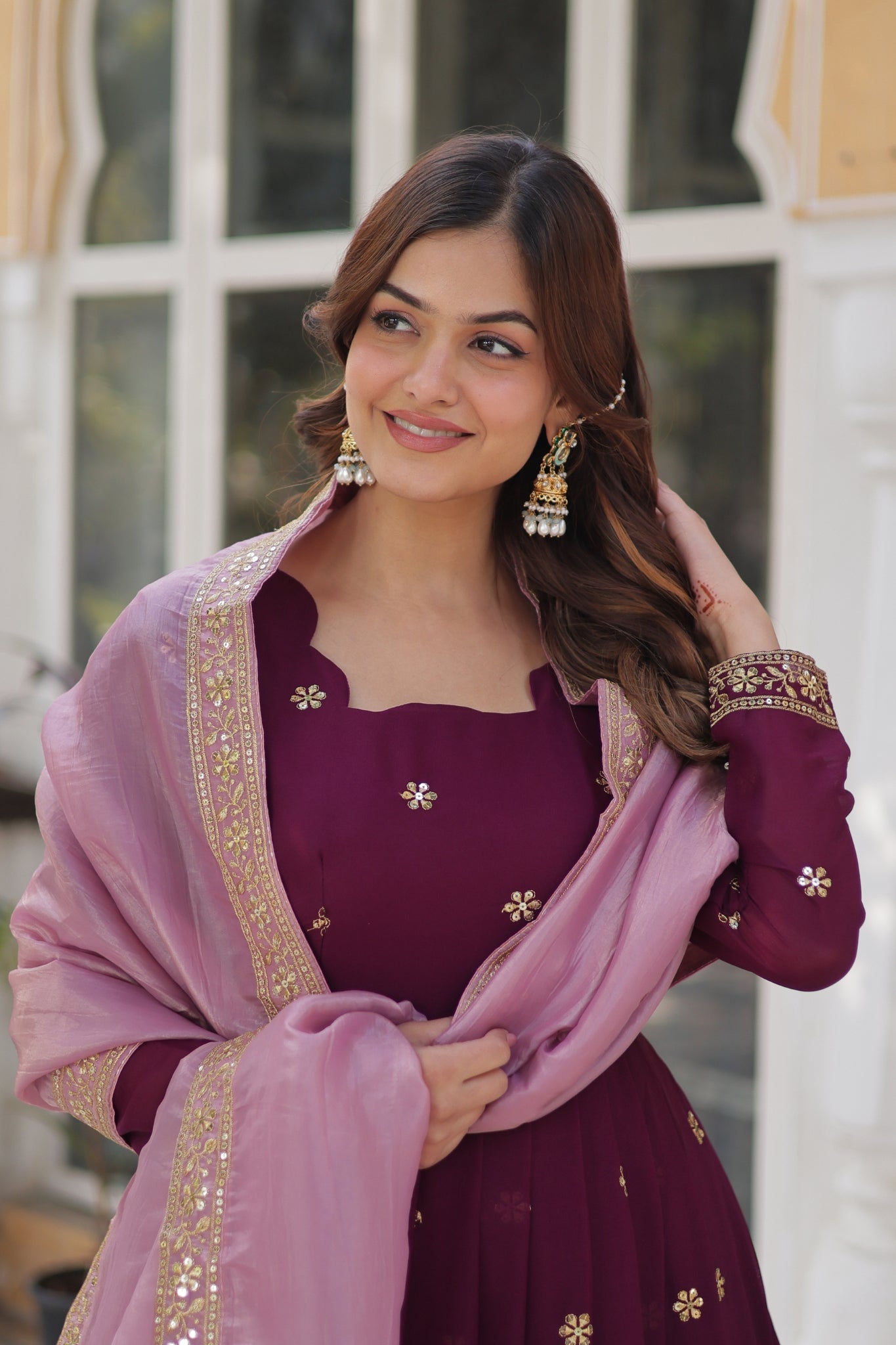 Plum Embroidered Georgette Anarkali Set