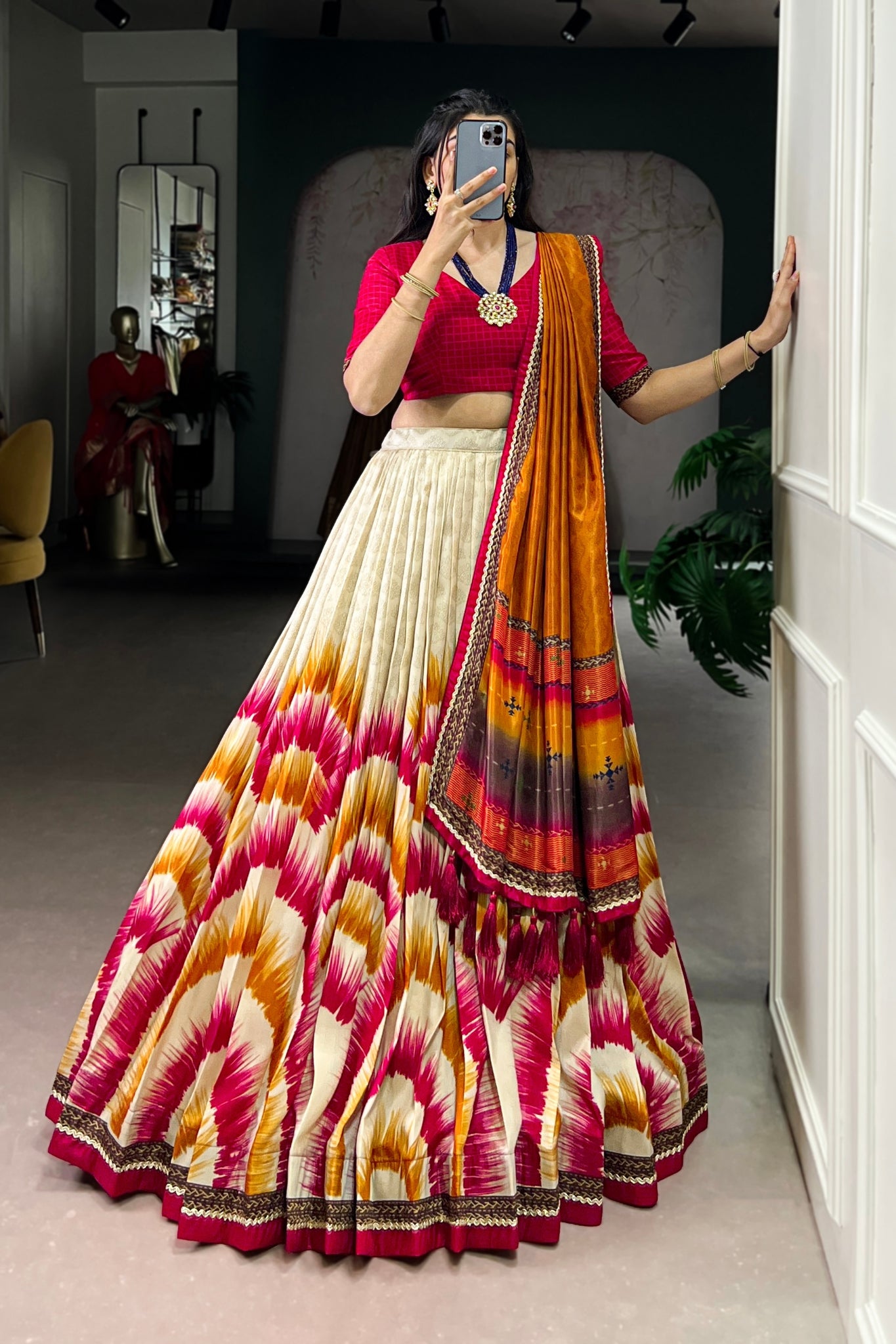 Tasar Silk Tie Dye Lehenga Set With Printed Dupatta And Chex Blouse