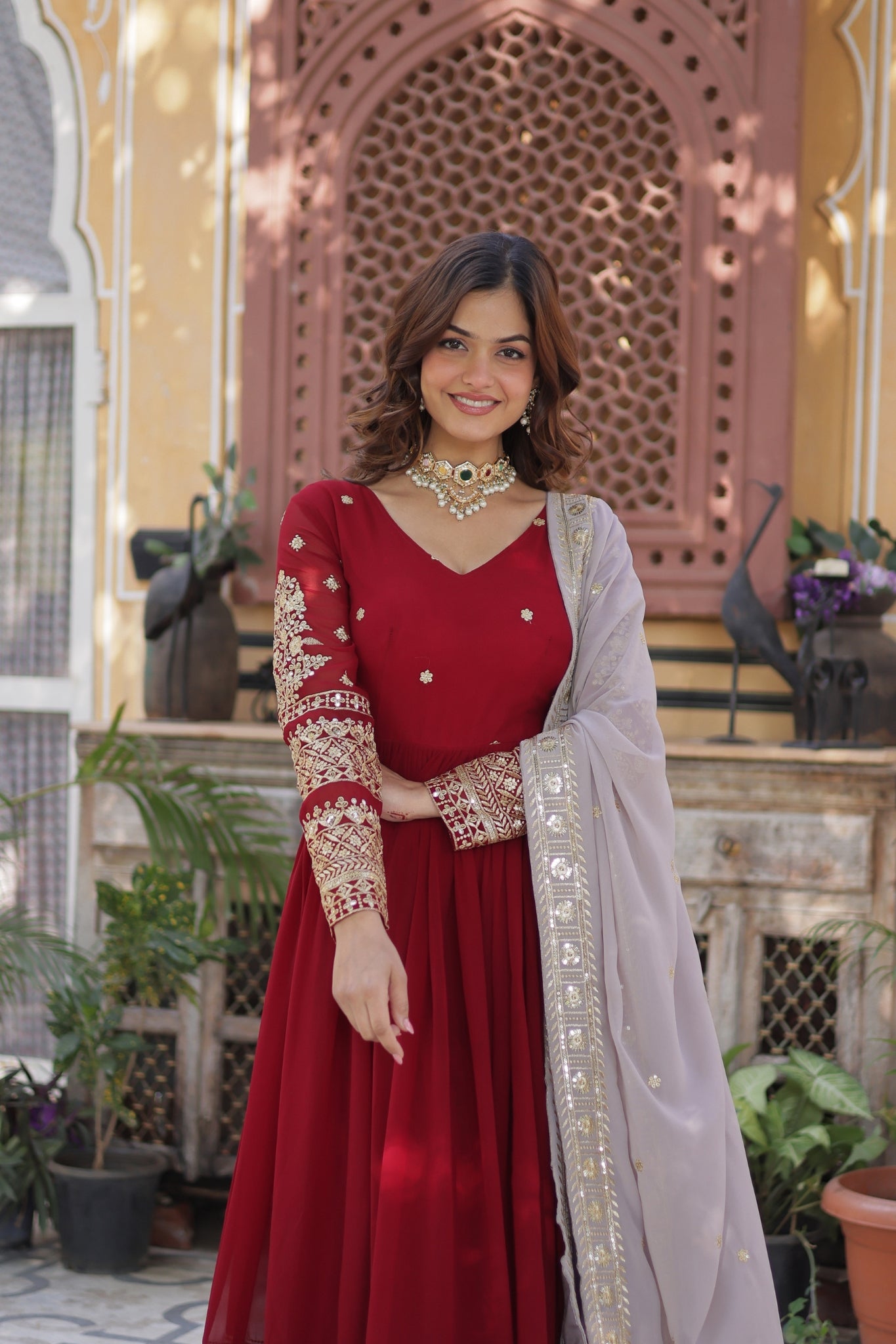 Traditional Maroon Embroidery Sequins Work Anarkali Suit Set