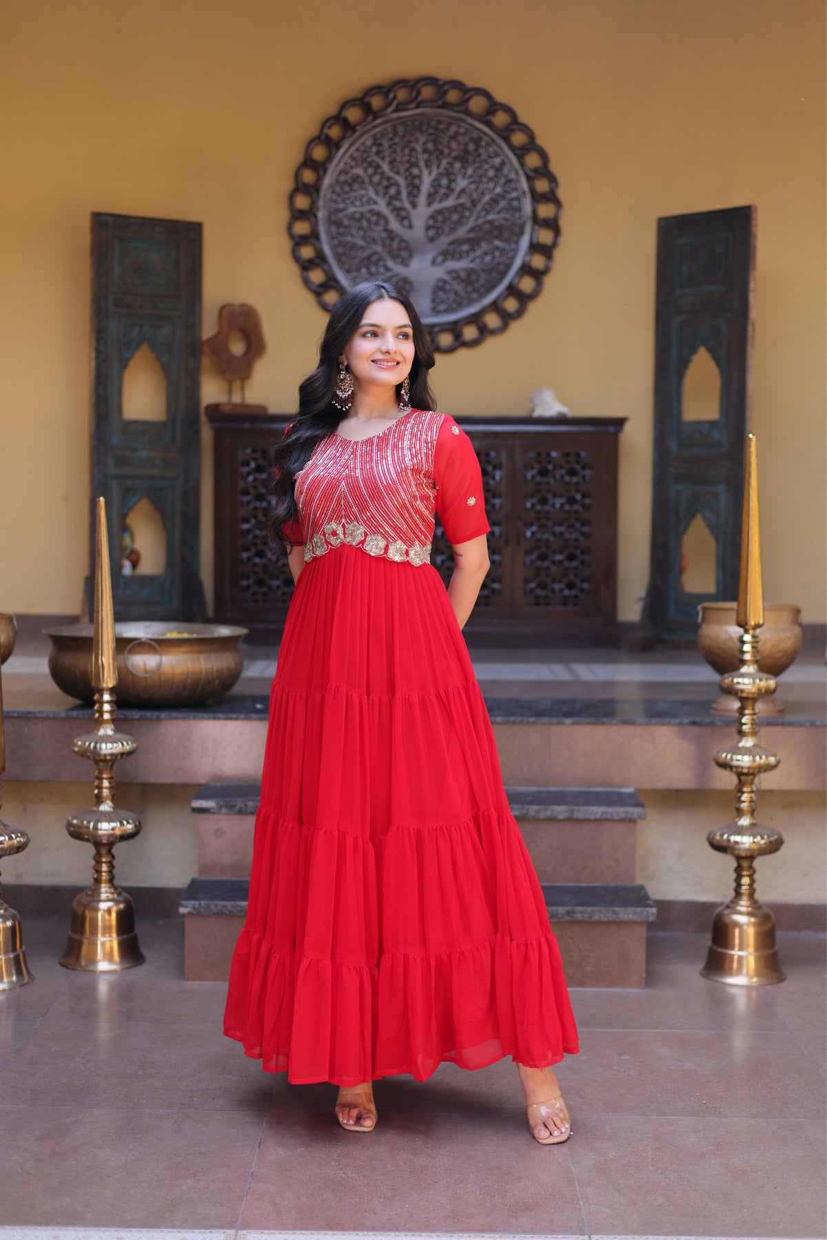 Rani Pink & Red Faux Blooming Designer Sequins Embroidered Tiered Flared Anarkali Gown