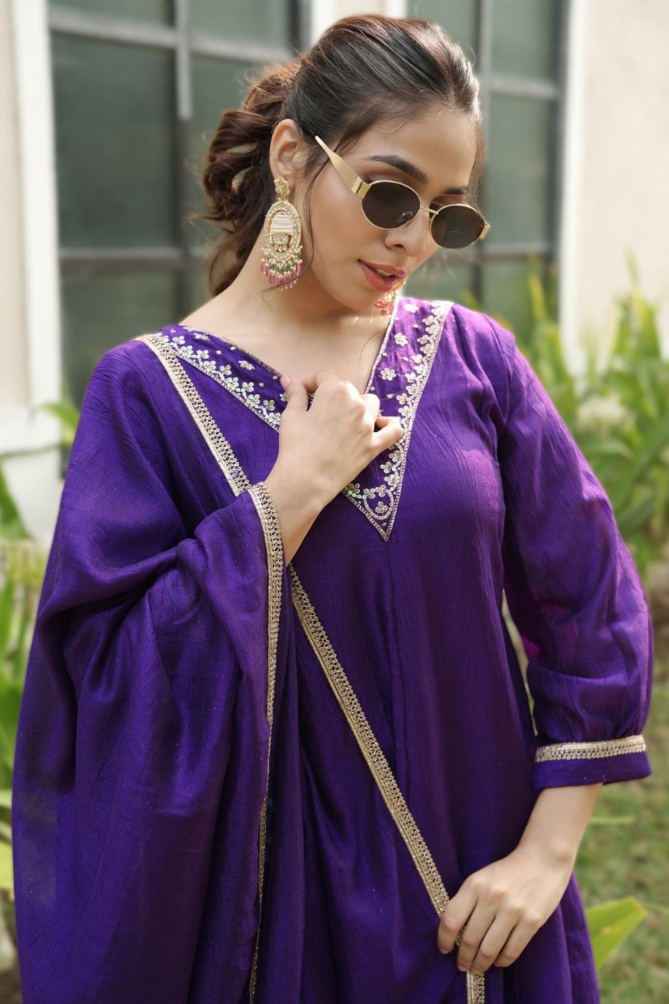 Royal V-Neck Embroidered Palazzo Suit Set With Designer Dupatta For Festive And Wedding Wear