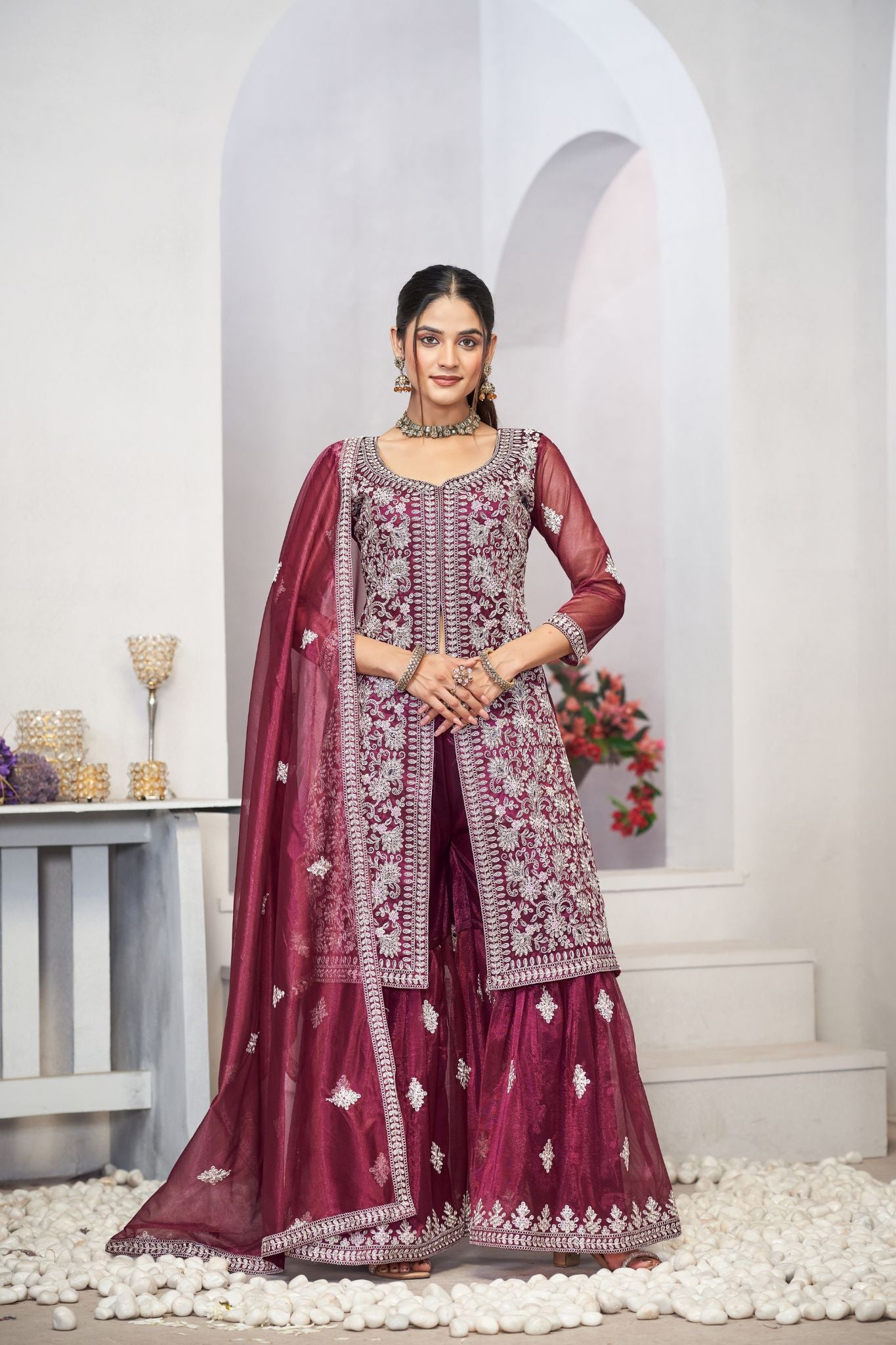 Purple Sequins Embroidered With Real Mirror Work Sharara Set Of 3