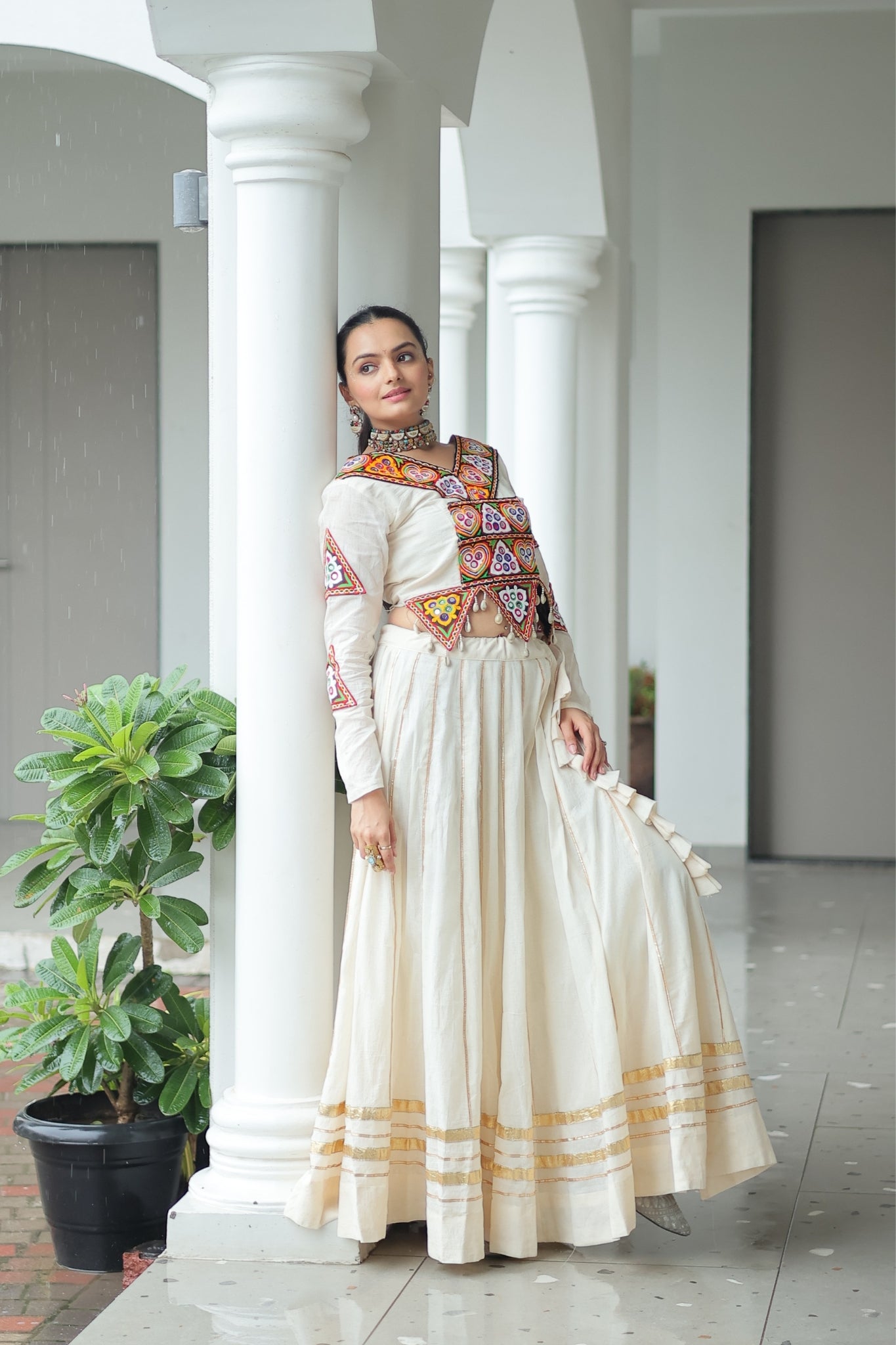 Off White Cotton Kutchi Gamthi Work With Gota Patti Lace Touch up Navratri Designer Lehenga choli