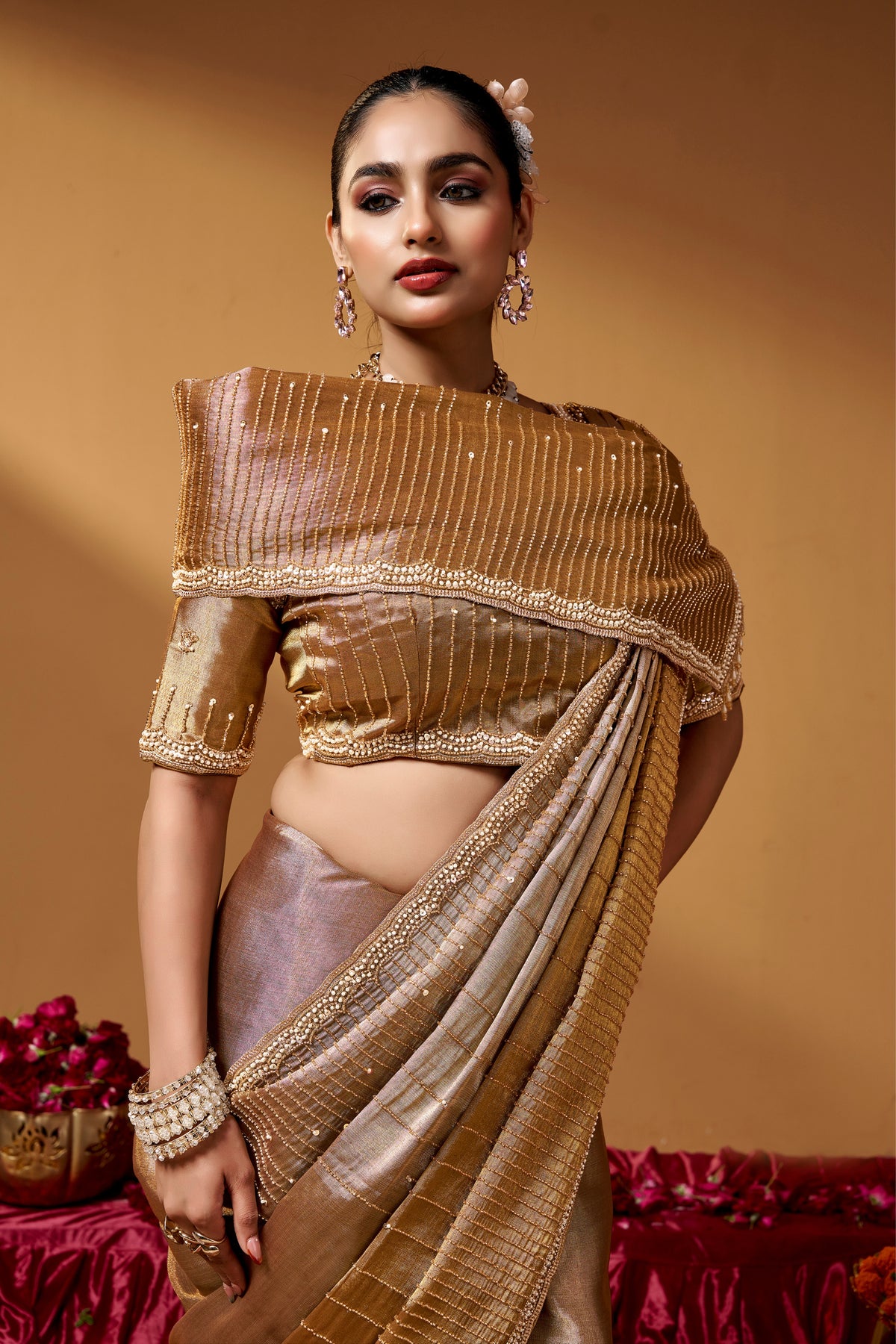 Kanjivaram Zari Tissue Designer Hand Embroider And Tube Beads Wedding Saree