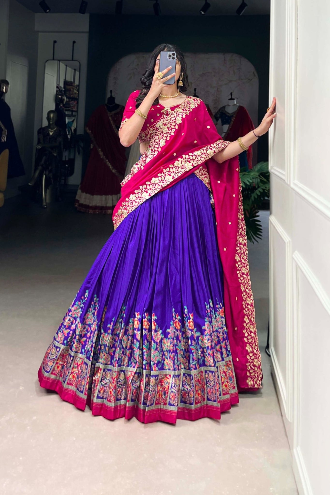 Designer Tussar Silk Printed Lehenga Set With Embroidered Blouse And Dupatta