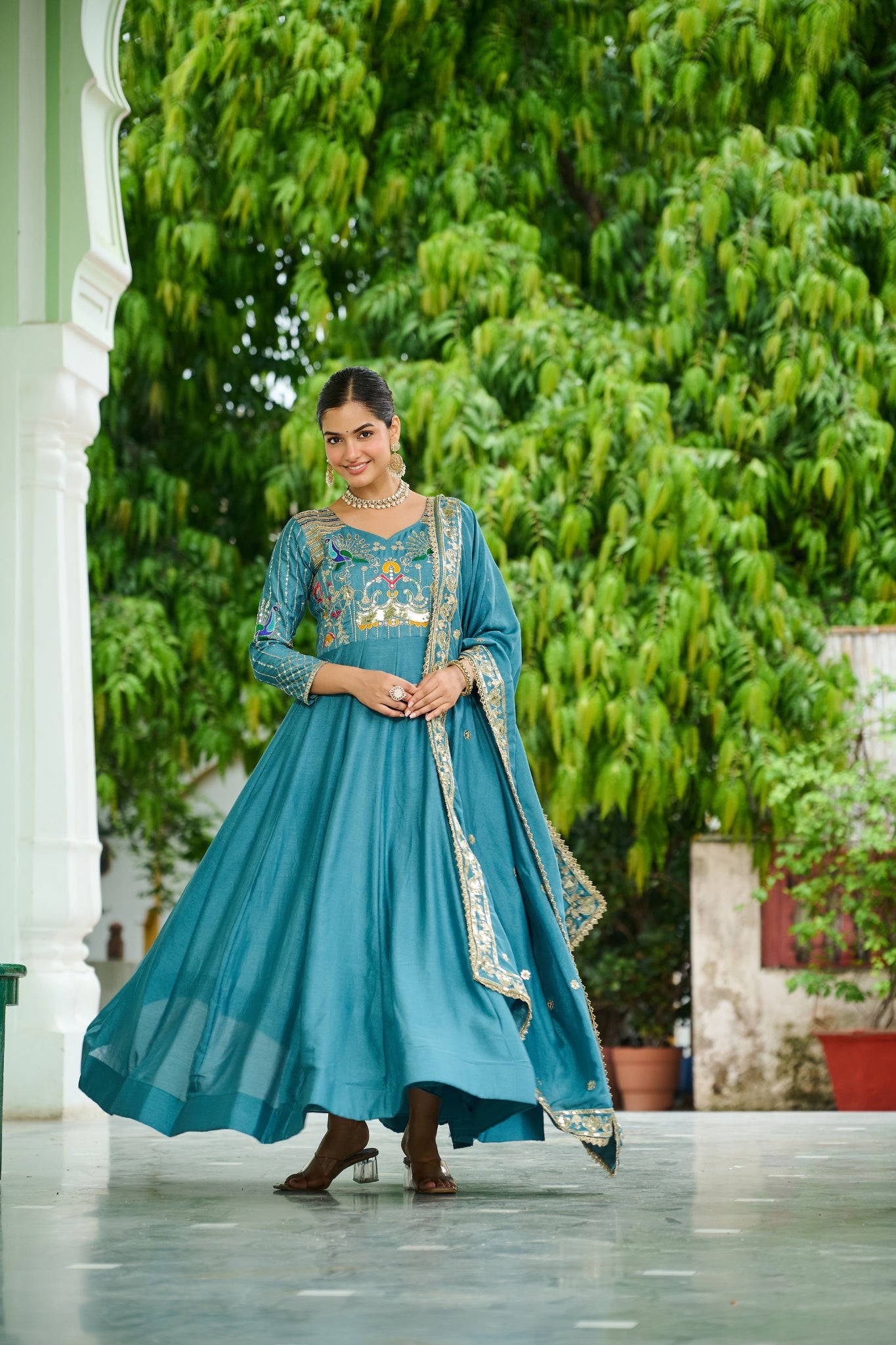 Premium Vichitra Silk Embroidered Gown With Sequins And Zari Work