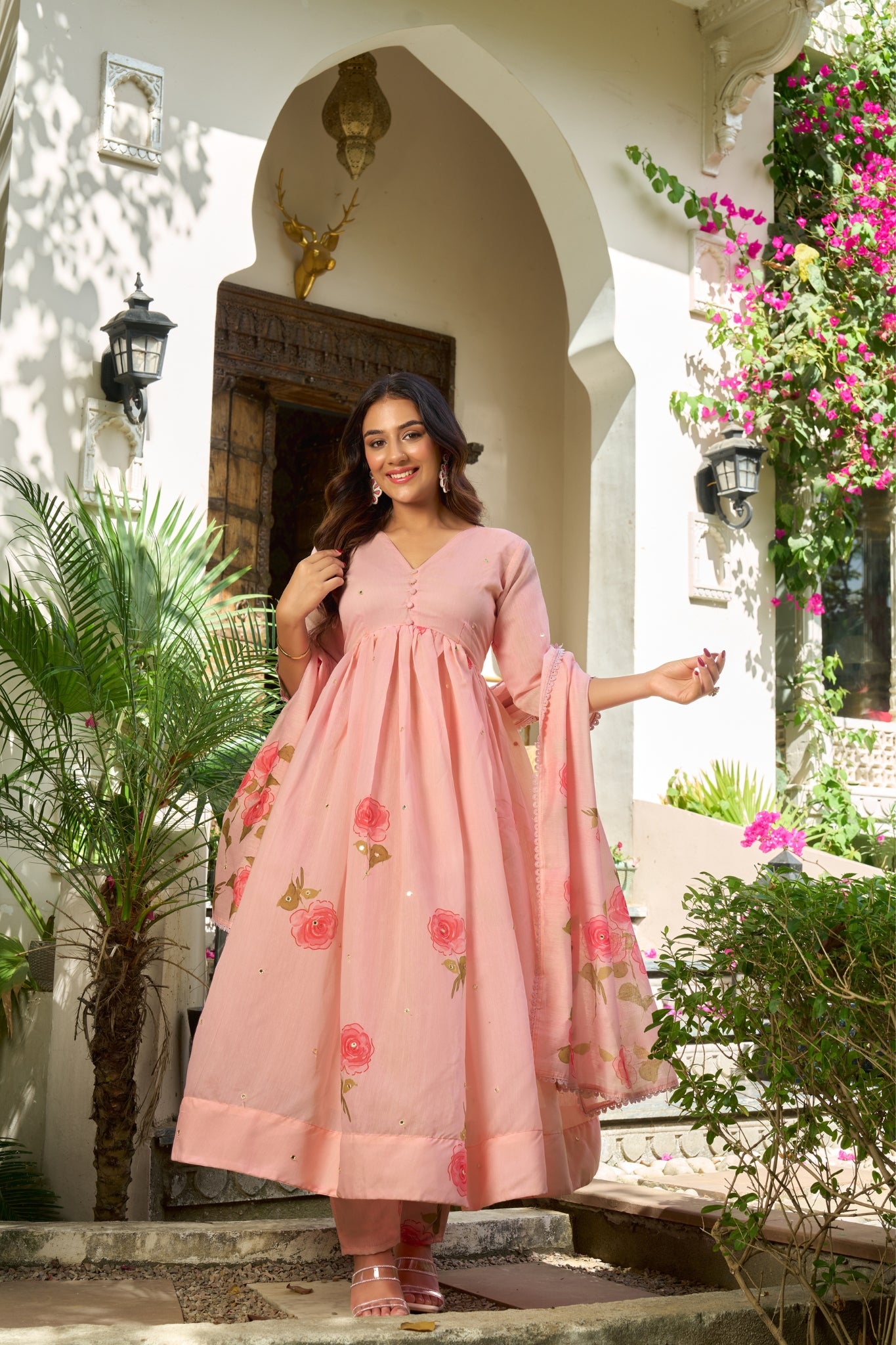 Pure Chanderi Floral Anarkali Suit Set With Palazzo Dupatta For Women
