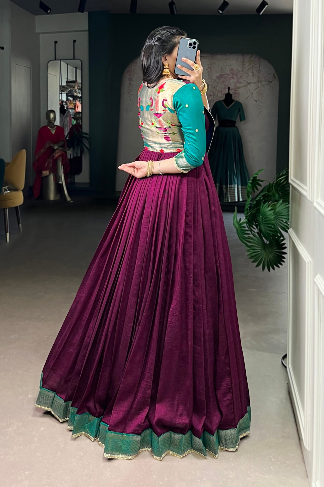 Wine Vichitra Silk Zari Woven Flared Dress With Lace Detailing