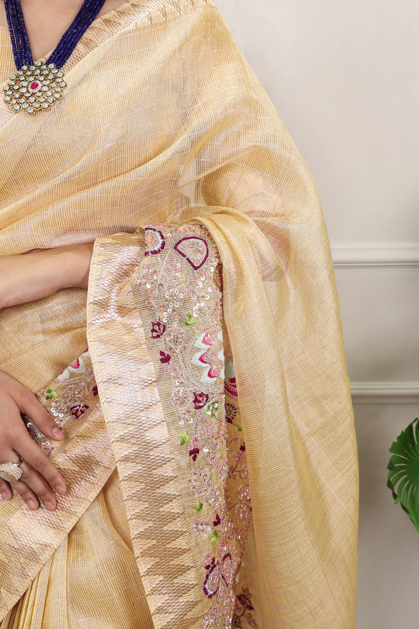 Premium Zari Kota Tissue Saree | Embroidery Beads Work Zari Weaving Border