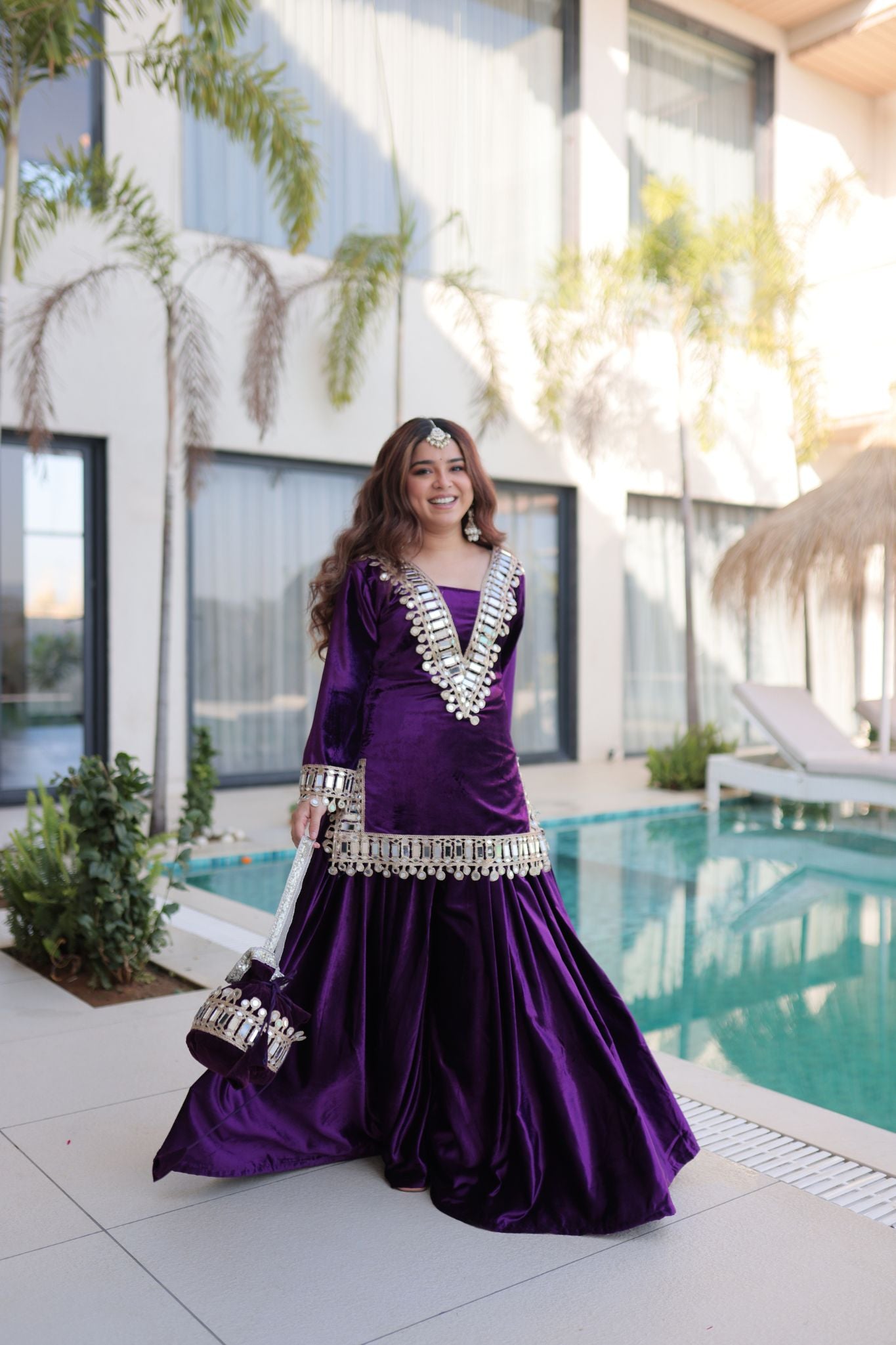 Royal Ice Velvet Zari And Mirror Embroidered Luxury Co Ord Set With Batwa