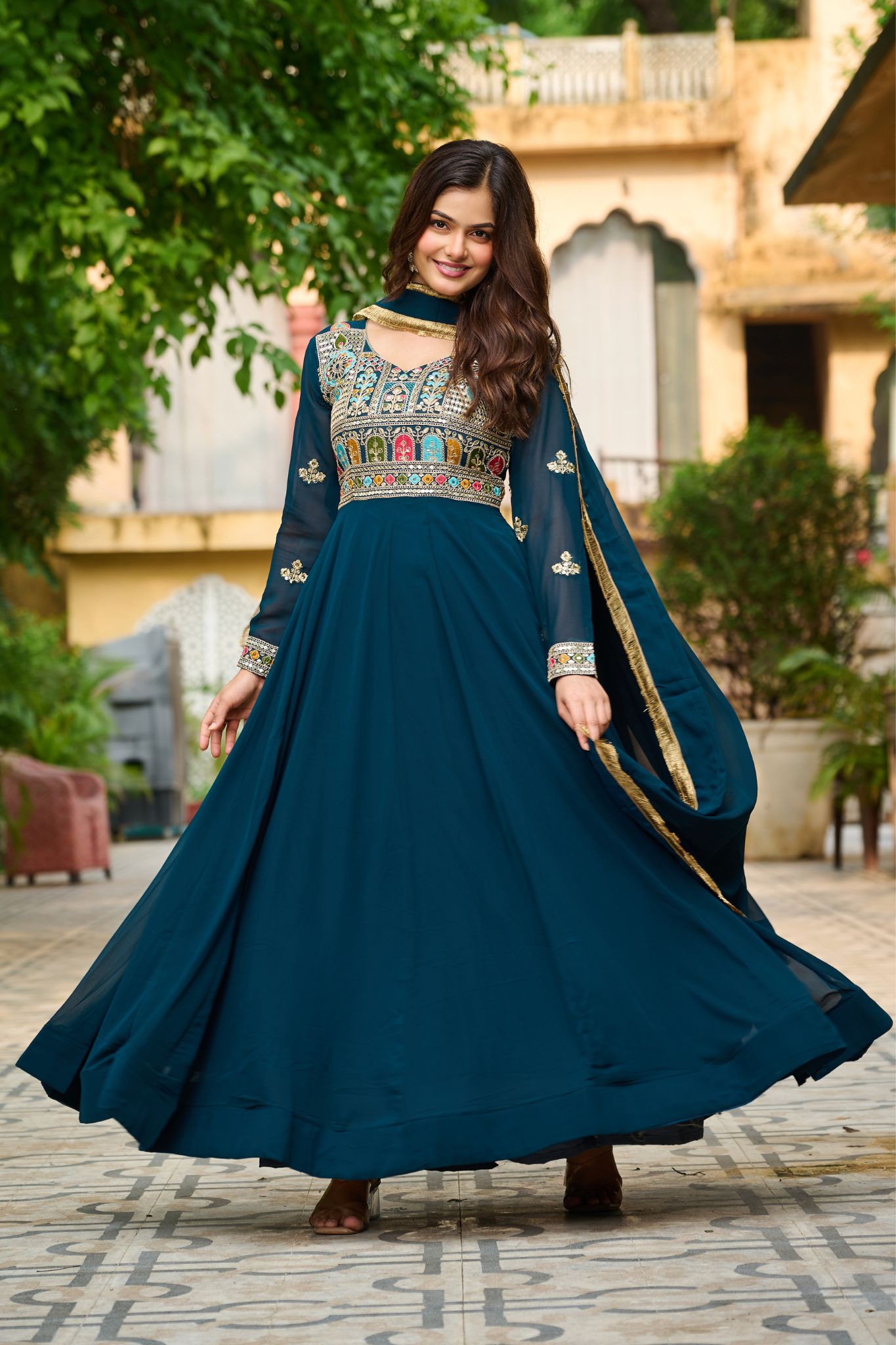 Ethnic Stylish Crafted Multi Thread Embroidered Work Gown With Dupatta Set