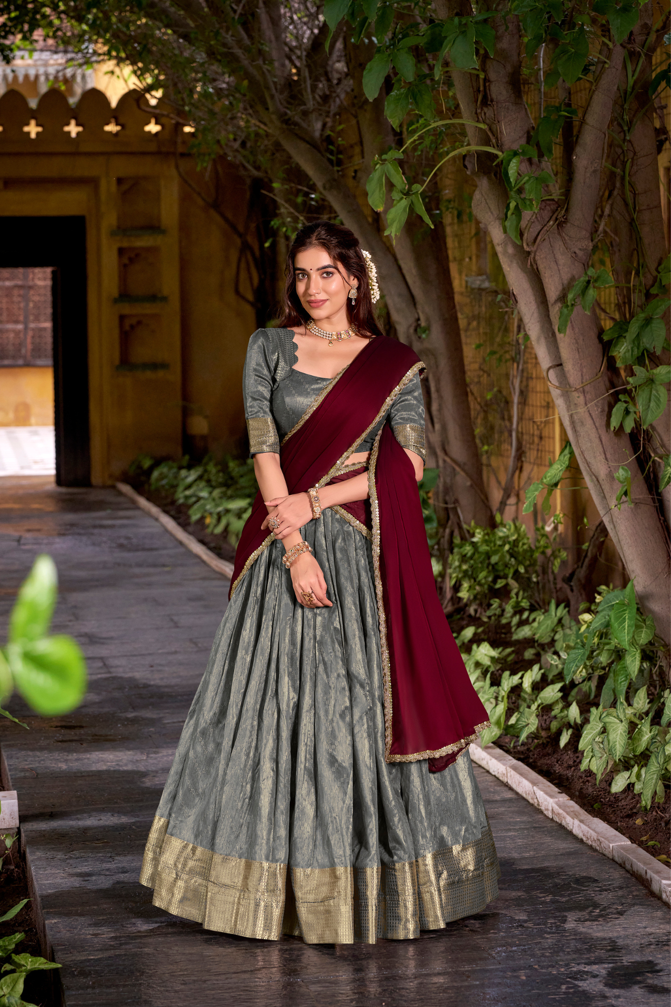 Luxury Dupion Silk Zari Weaving Lehenga Set with Dupatta