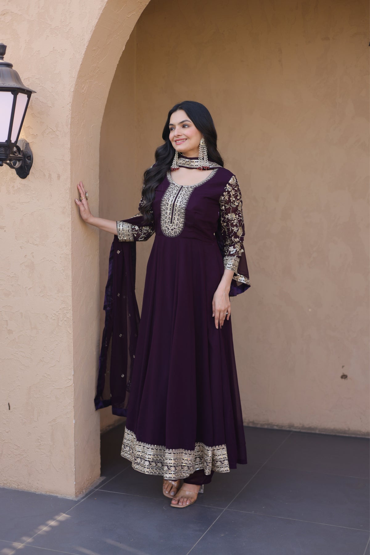 Designer Sequins Embroidered Anarkali Gown With Dupatta Set