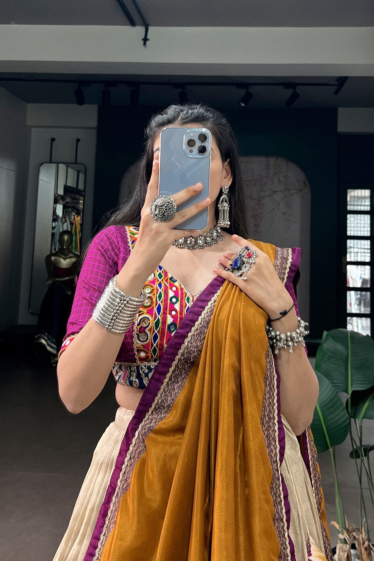Tasar Silk Tie & Dye With Gamthi Work Navratri Lehenga Choli