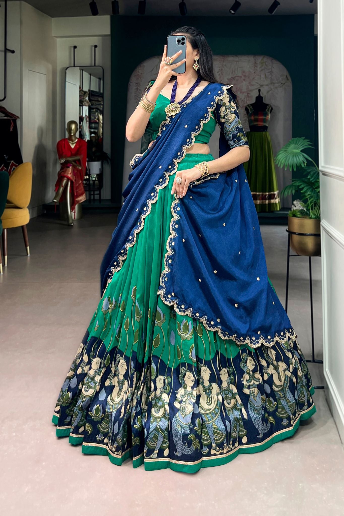 Designer Tasar Silk Kalamkari Print Wedding And Festive Lehenga Choli